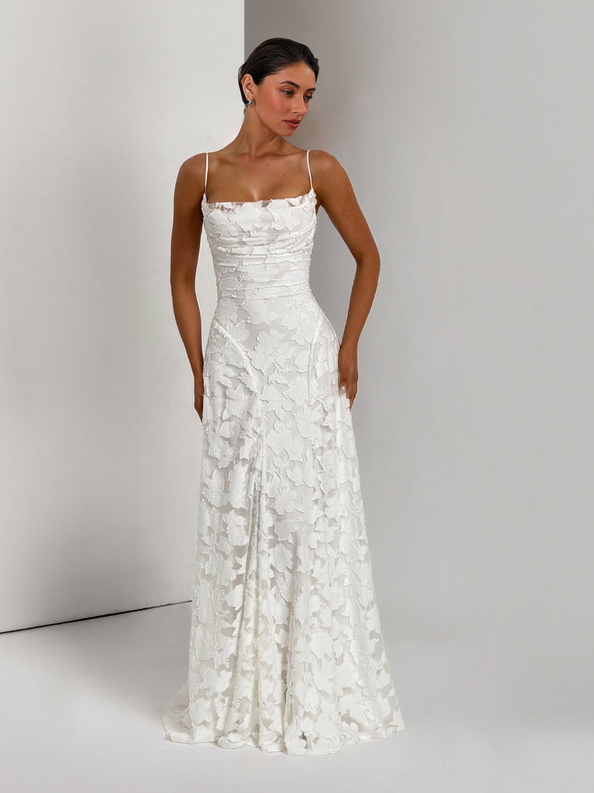 White spaghetti-strap floral appliqué fit-and-flare maxi dress