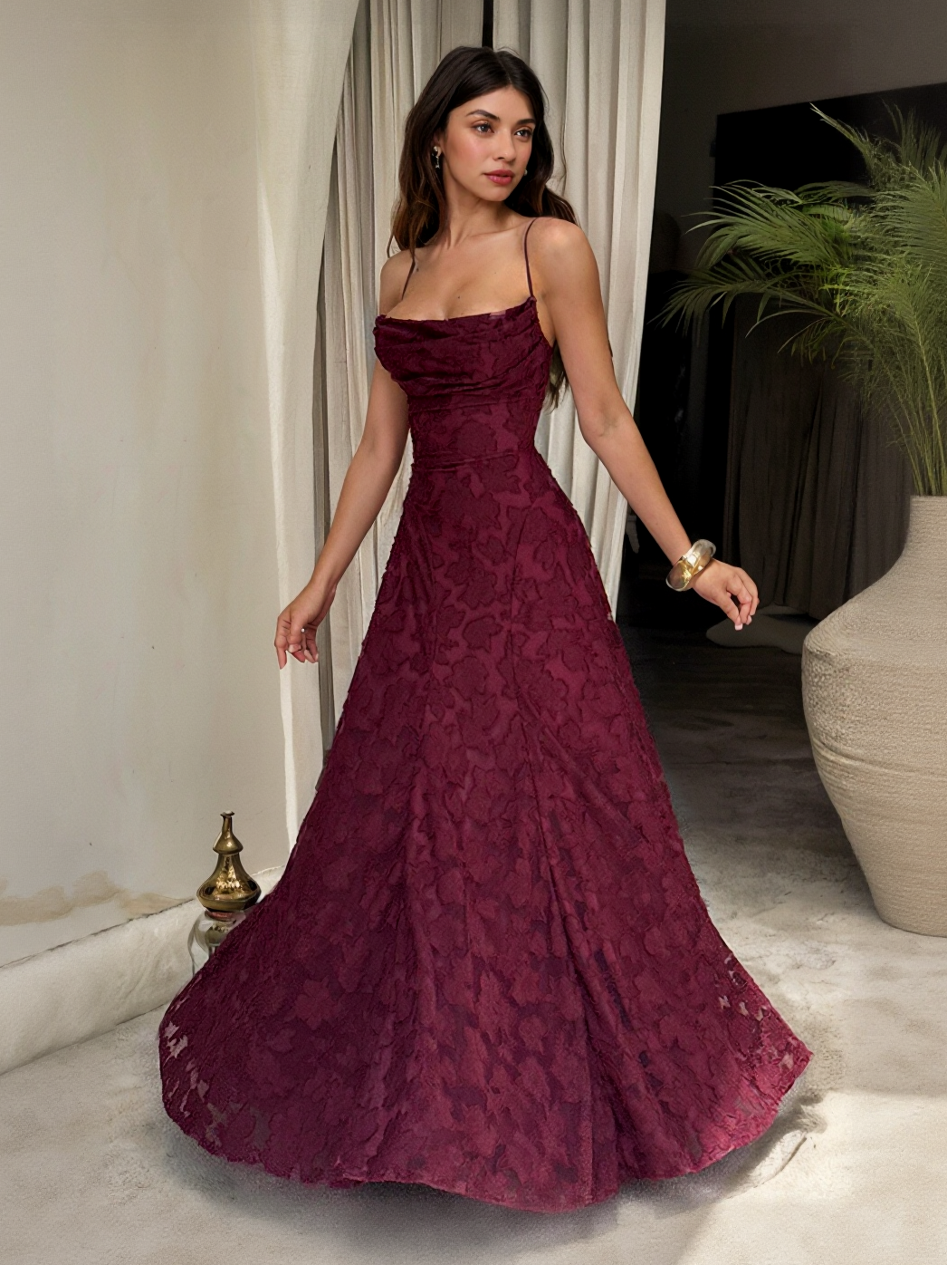 Burgundy satin spaghetti-strap floral appliqué fit-and-flare maxi dress