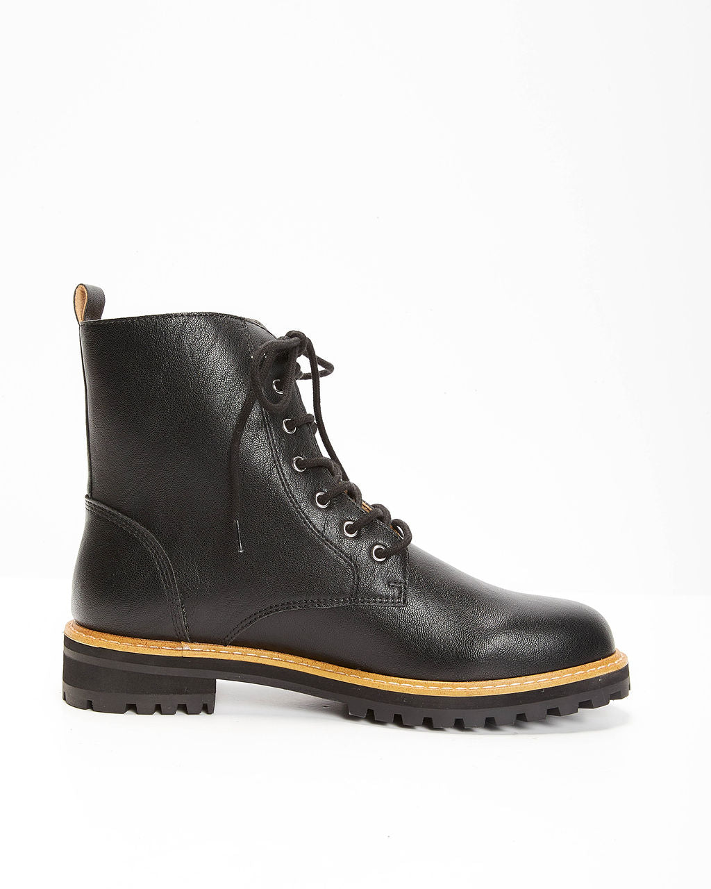 Black faux leather lace-up boot with yellow welt and blocky tread sole