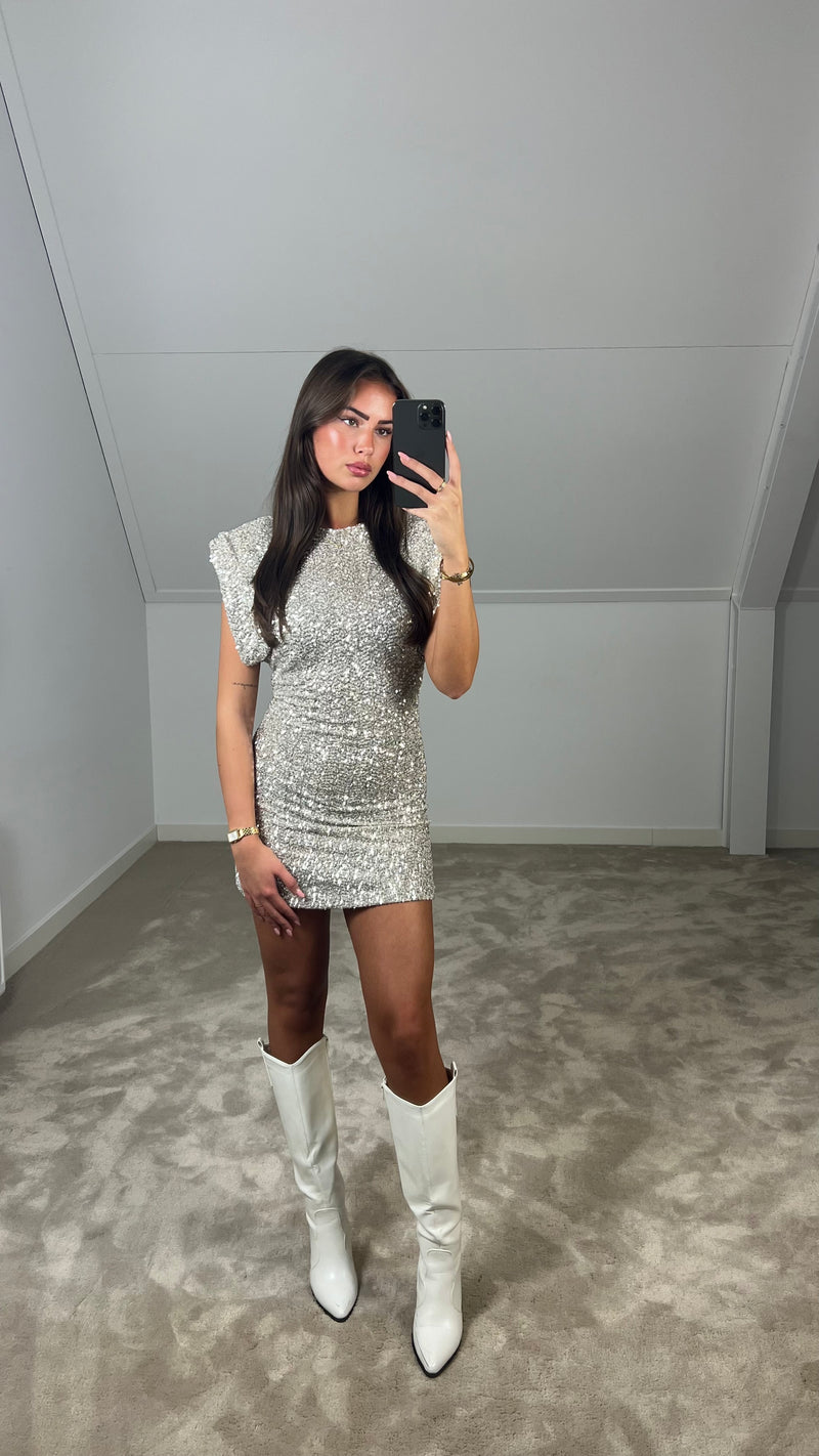 Silver sequin bodycon mini dress, front view with short sleeves and round neckline