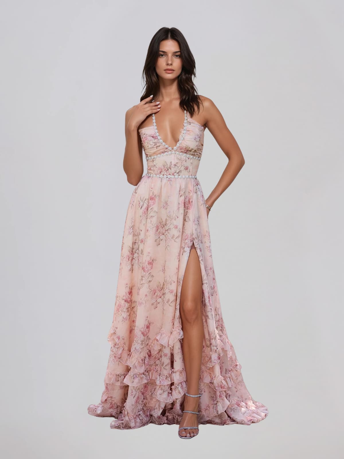Pink floral plunge-neck maxi dress with thin straps and tiered ruffle hem, side slit