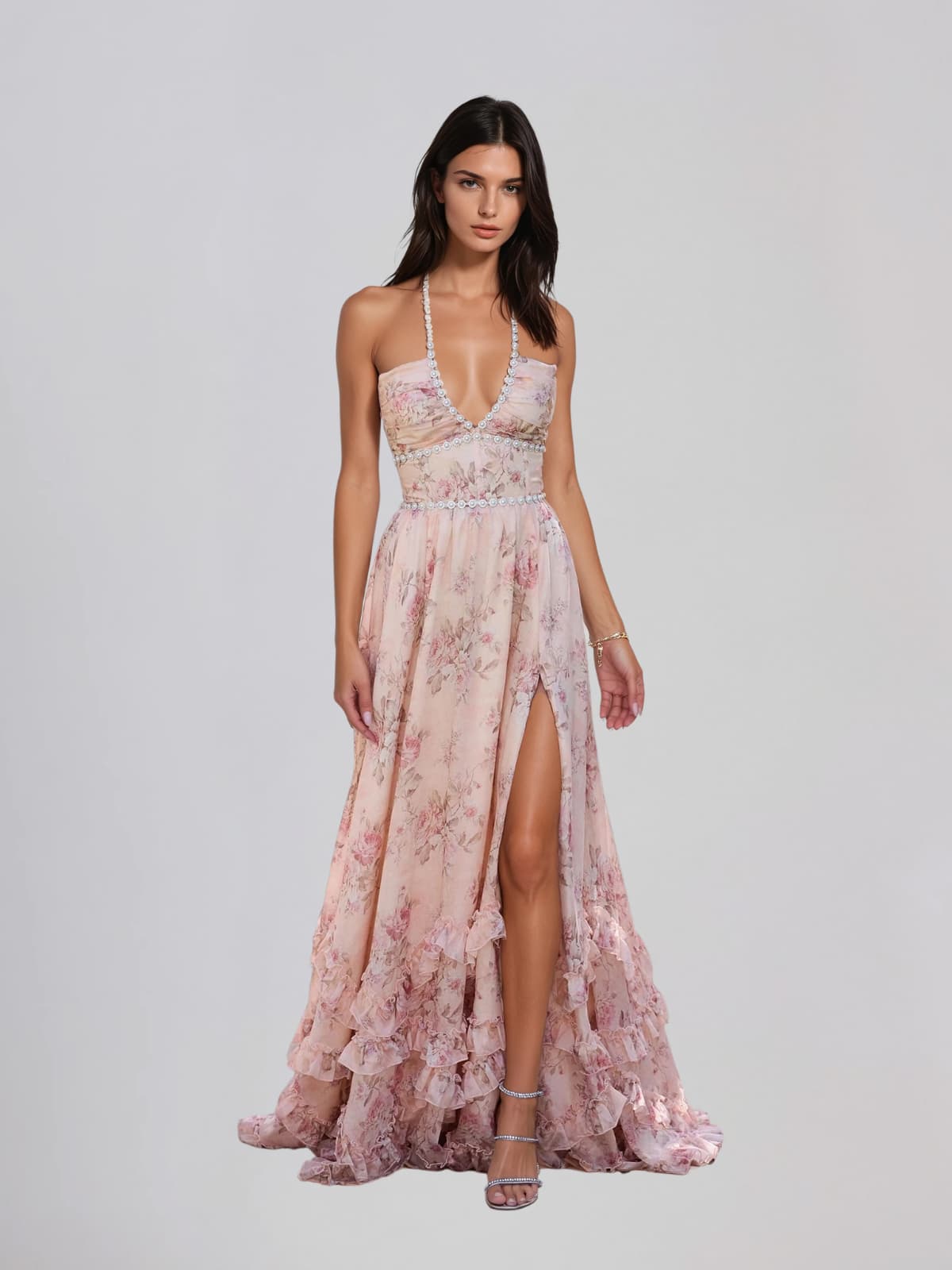 Pink floral plunge maxi dress with lace-trim bodice, thin straps, layered skirt ruffles