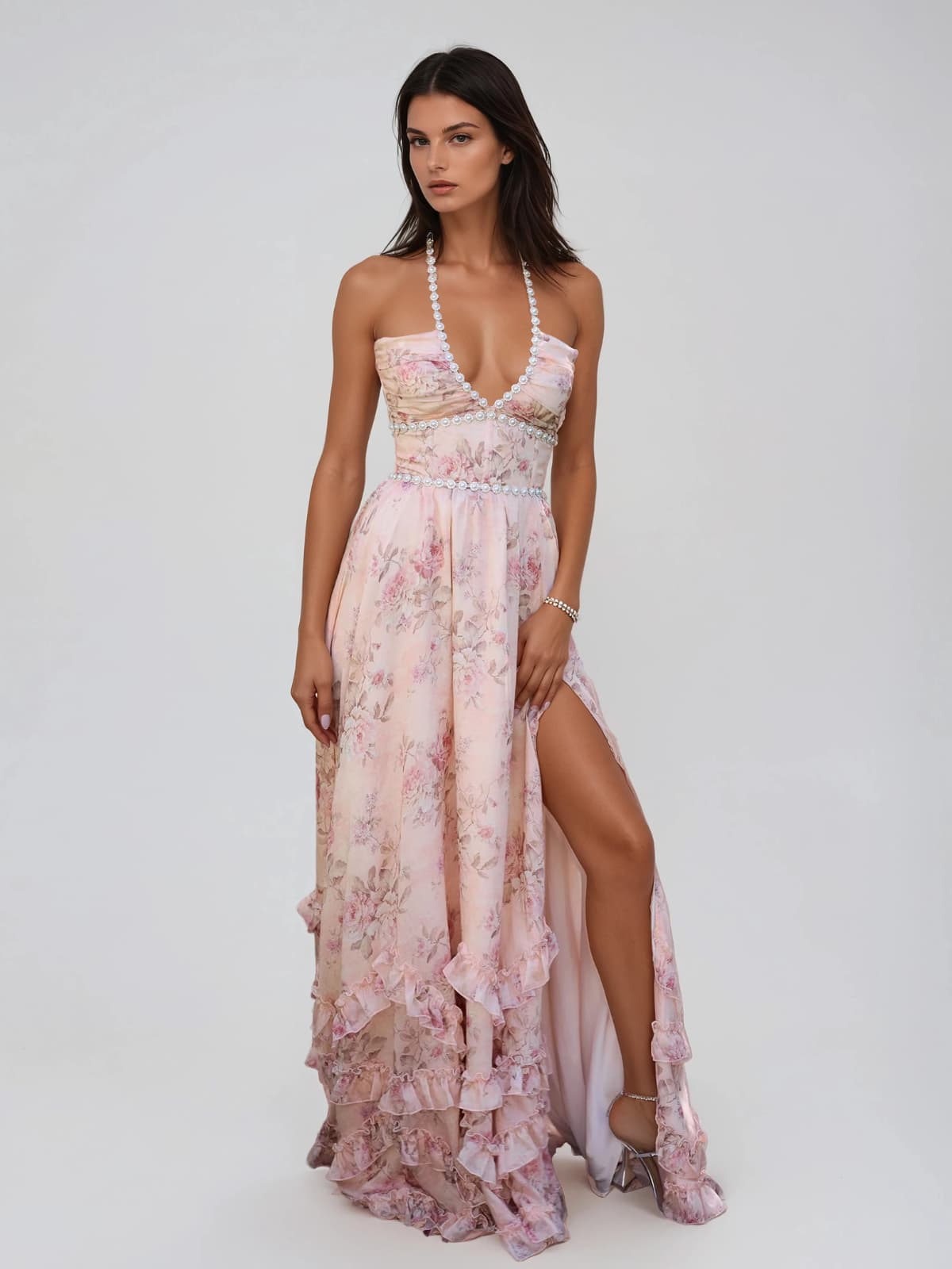 Pink floral plunge maxi dress with thin straps, cinched waist and high side slit