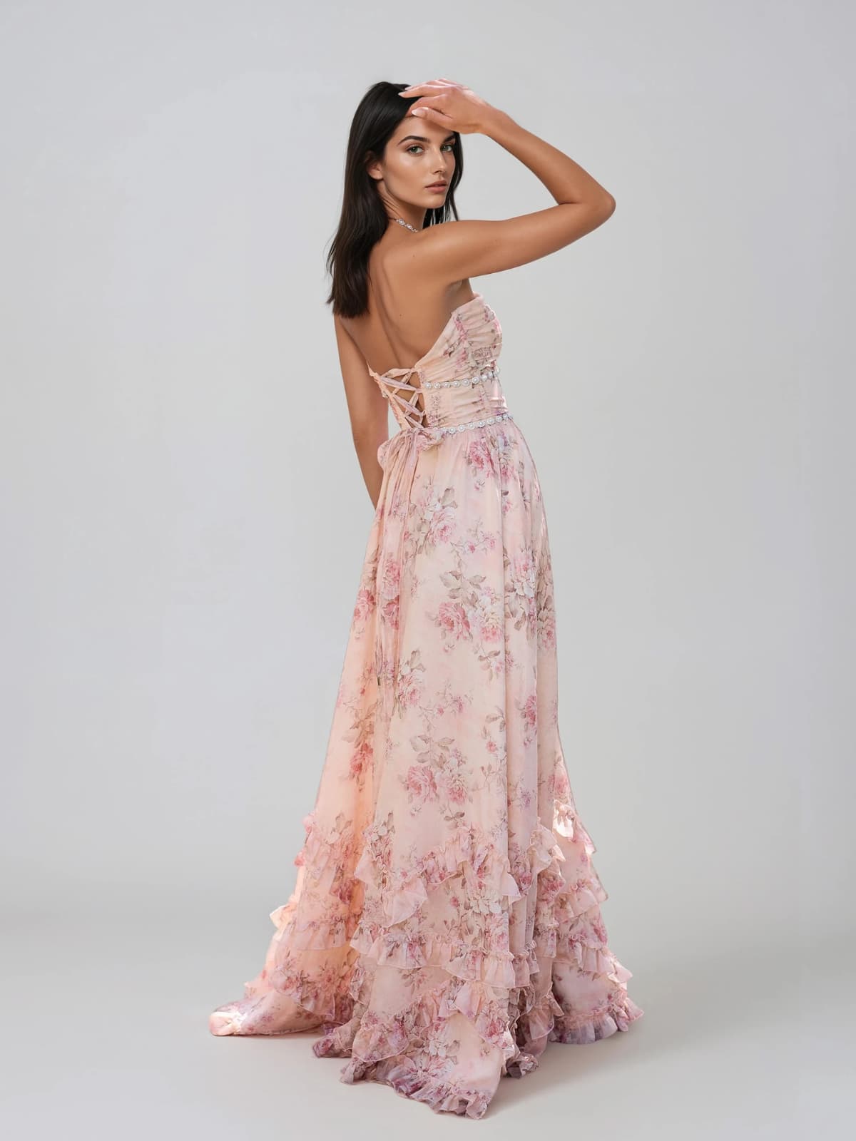 Pink floral plunge maxi dress with crisscross open back and ruffled tiered skirt