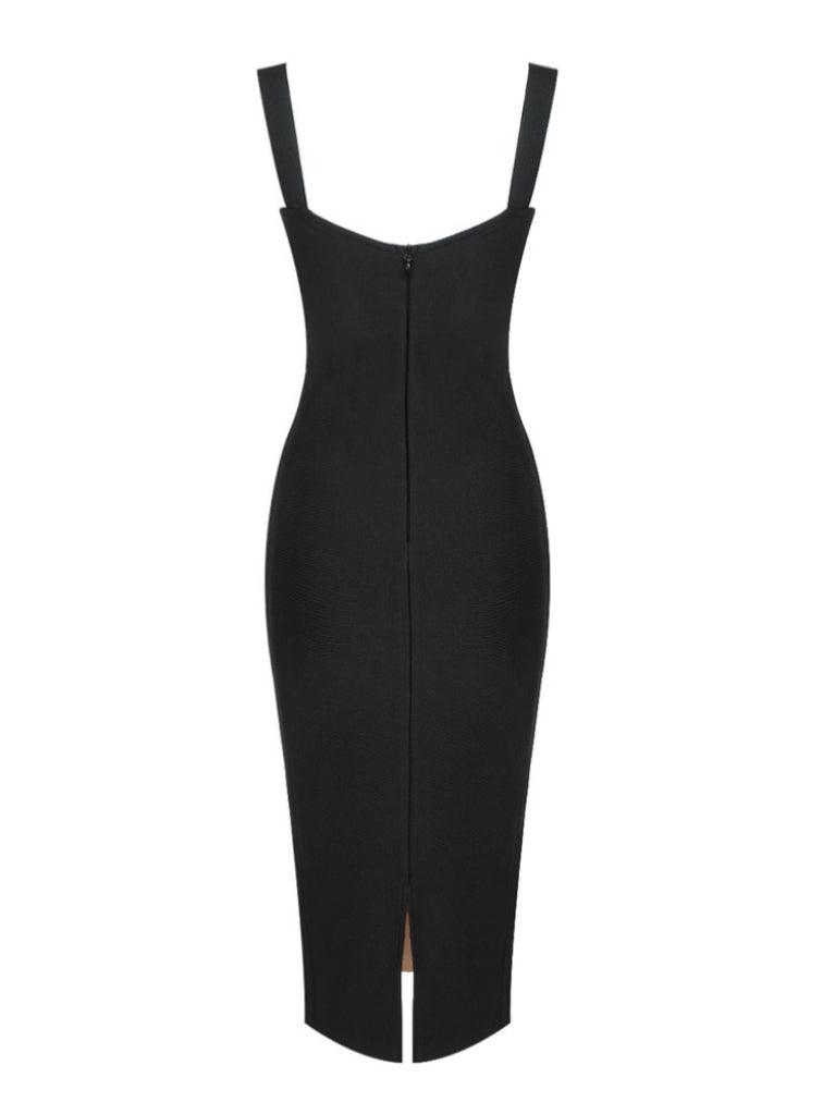 Black fitted midi sheath dress with spaghetti straps, back view, center seam slit
