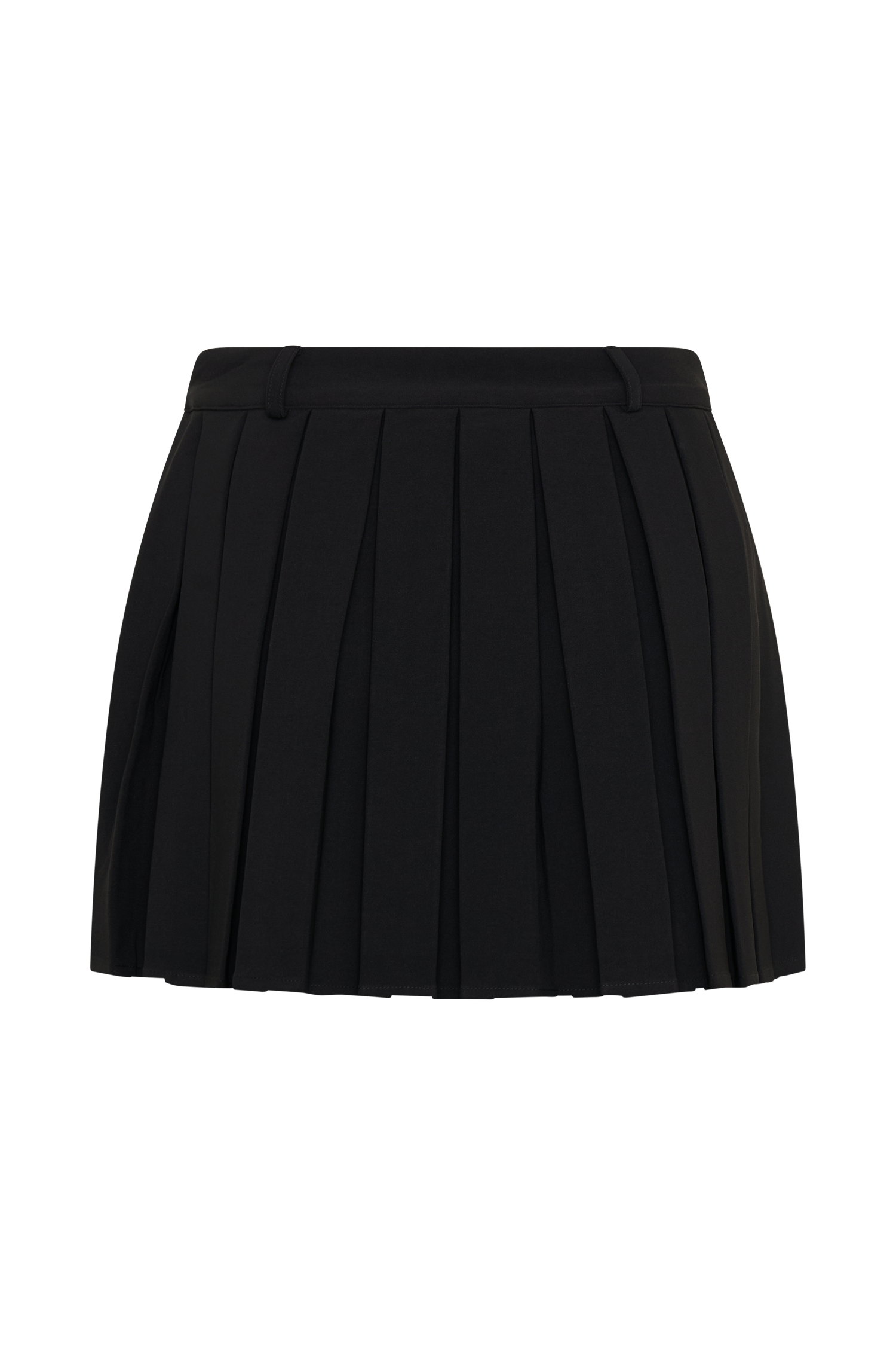 Black pleated mini skirt with structured waistband and multiple pleat panels