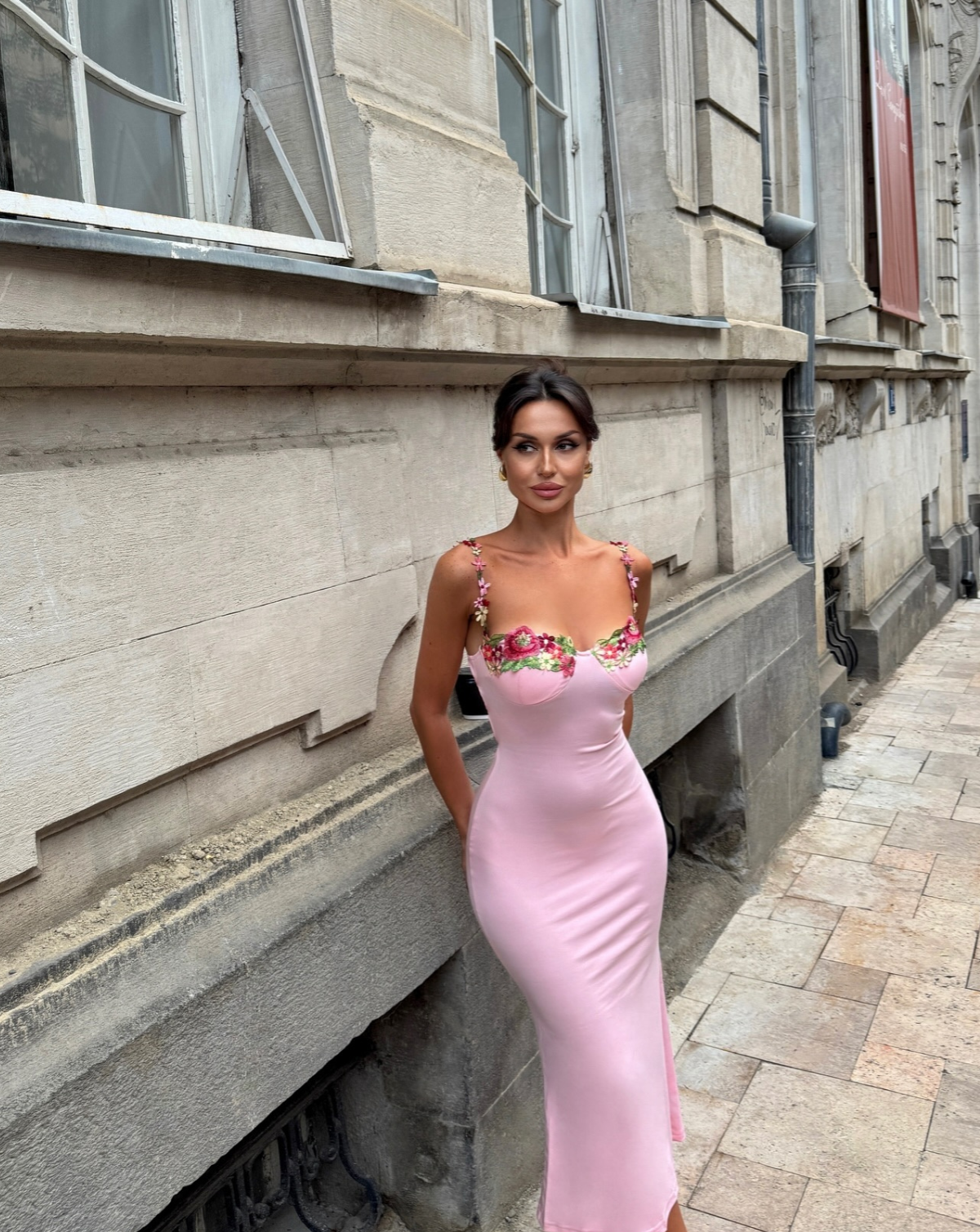 Pink floral embroidered maxi dress with sweetheart neckline and thin straps, full length