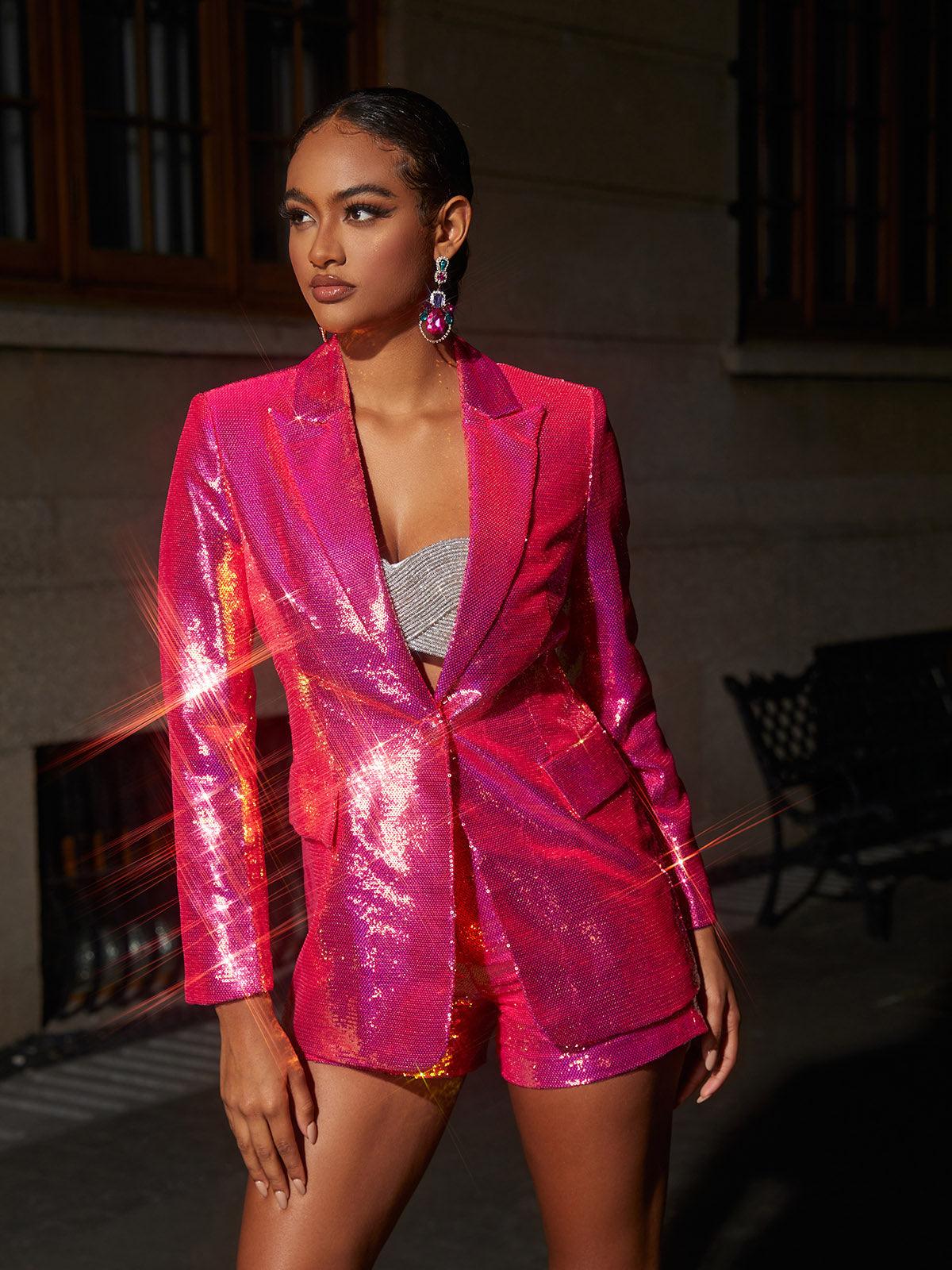 Pink sequin tailored blazer and matching shorts set, close front view with lapels
