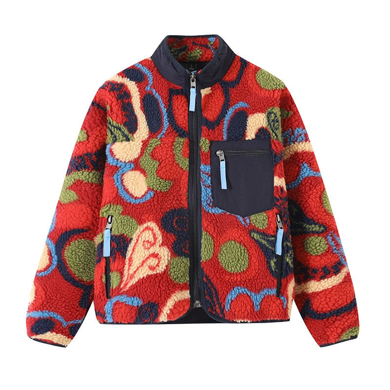 Multicolor sherpa fleece half-zip cropped jacket with navy pocket and stand collar