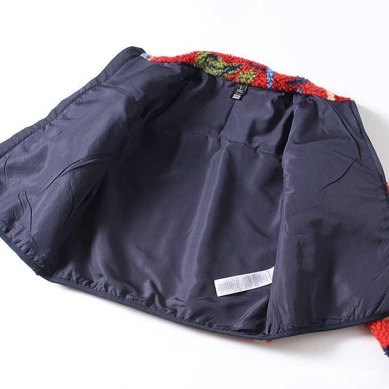 Sherpa jacket with dark lining and elastic cuff hem; front half-zip edge shown