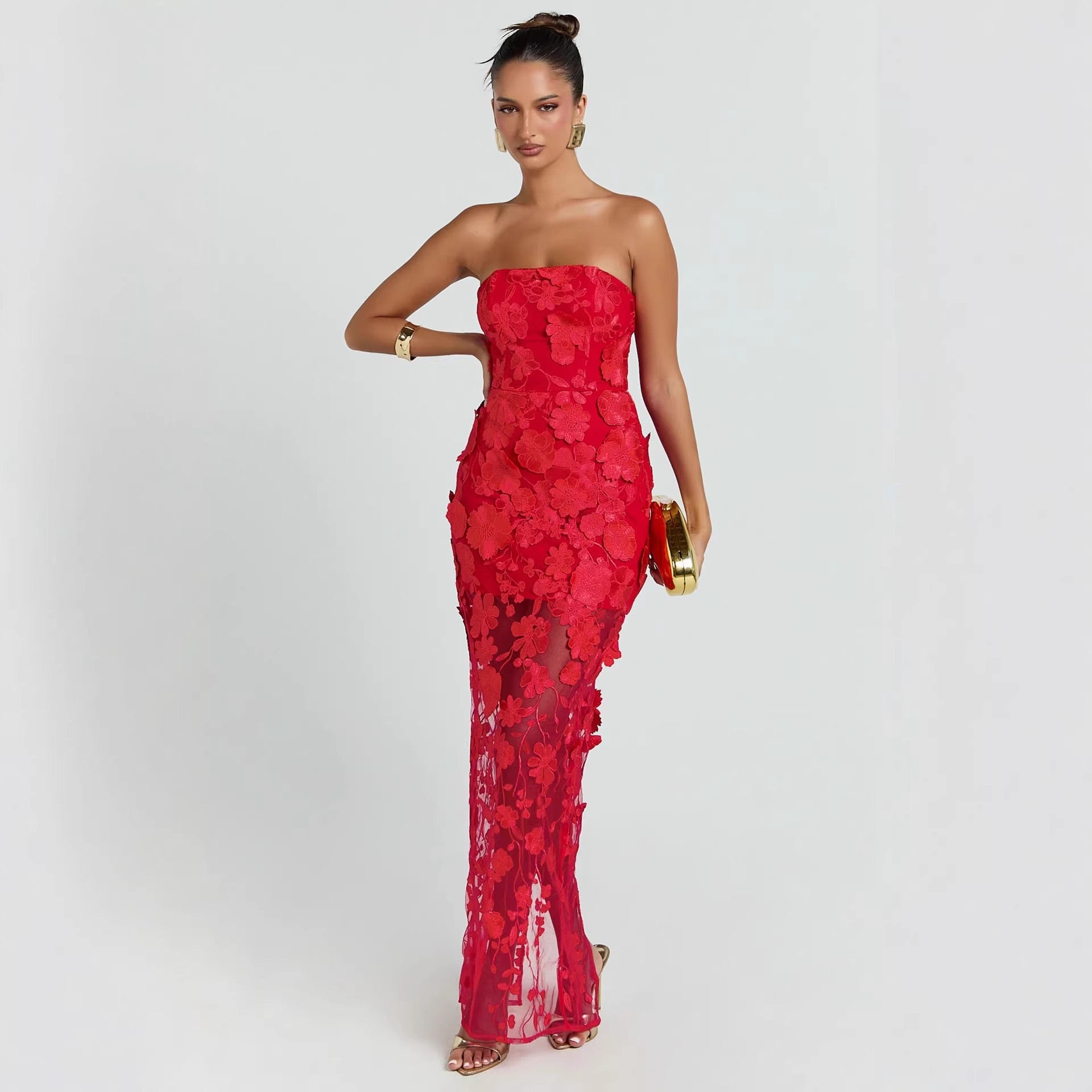 Strapless red floral appliqué midi dress with sweetheart neckline and bodycon fit
