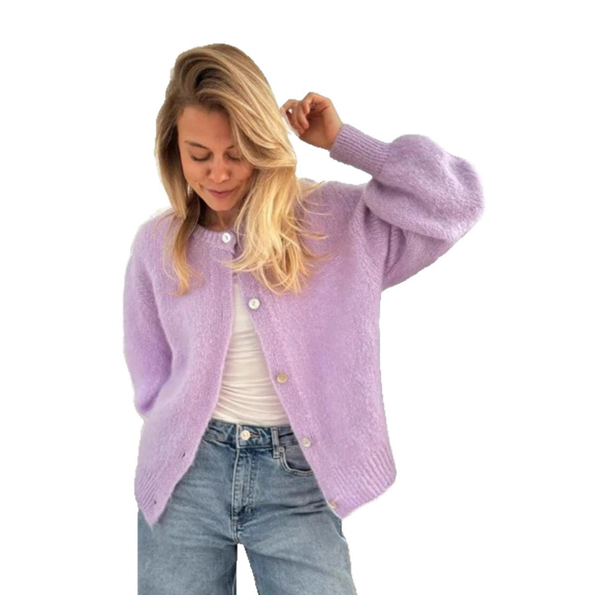 Purple cropped button-front cardigan sweater with round neckline and long sleeves