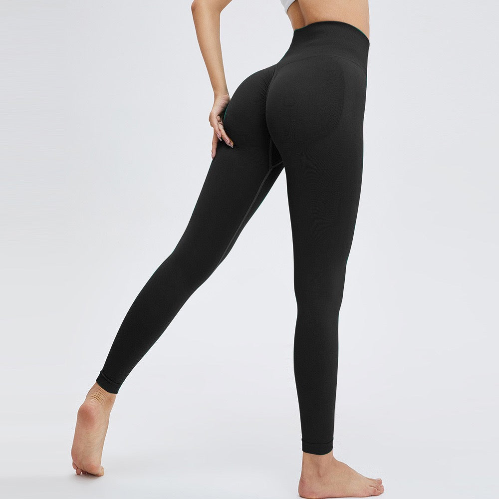 Black high-waisted full-length leggings with fitted stretch, back view.
