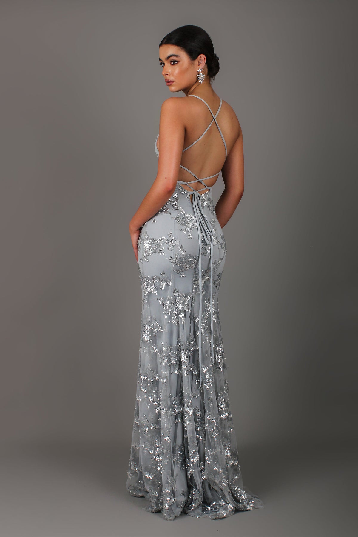 Silver sequin mermaid maxi gown with crisscross open back straps, long fishtail