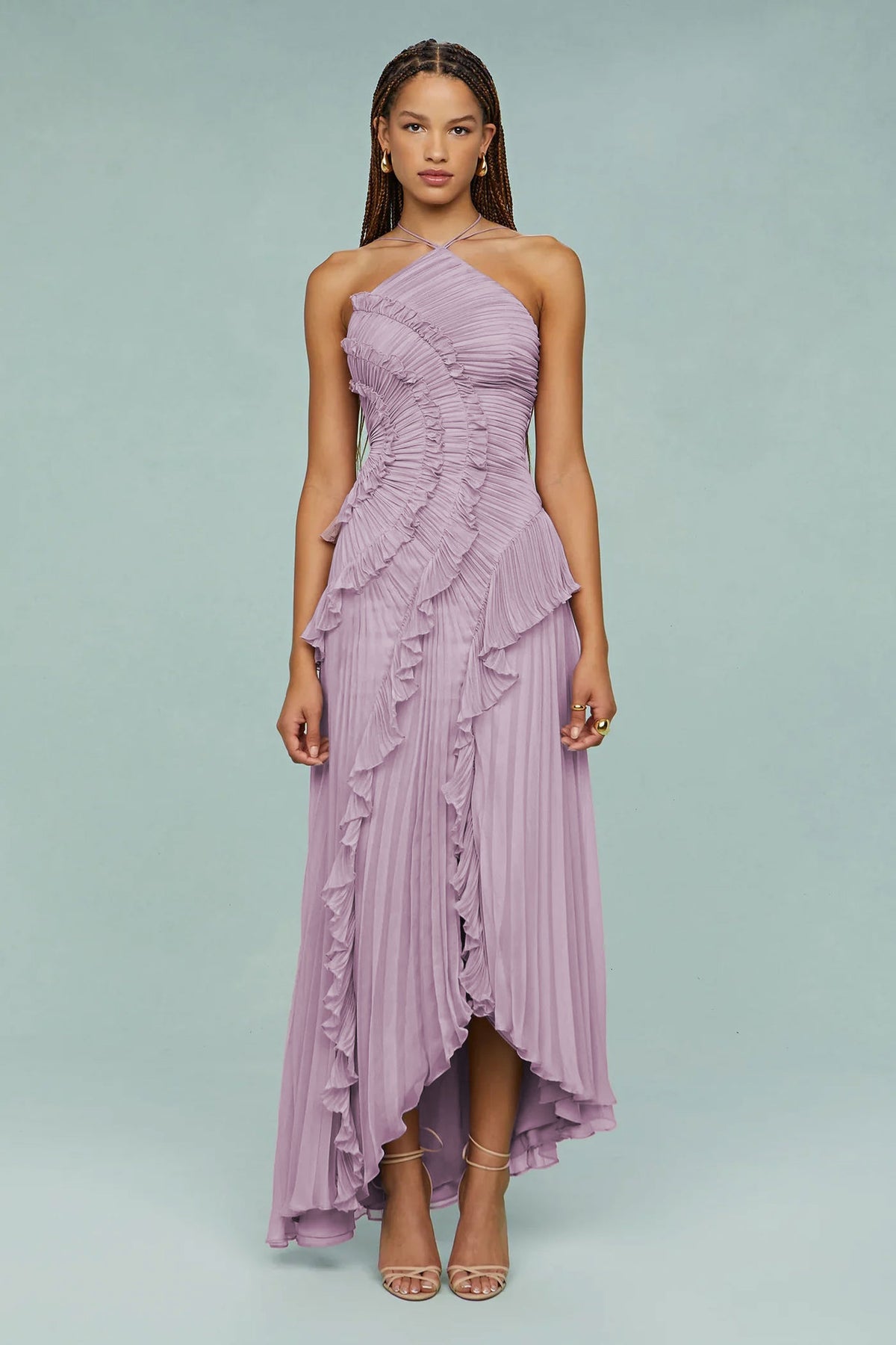 Lavender halter chiffon maxi dress with stacked ruffle pleats and high-low asymmetrical hem
