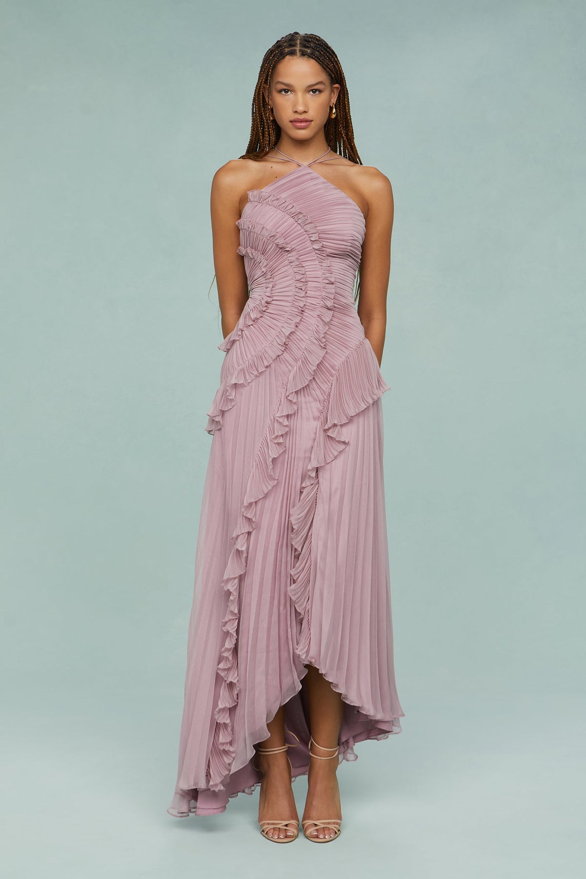 Lavender halter chiffon maxi dress with ruffled pleats and asymmetric high-low hem