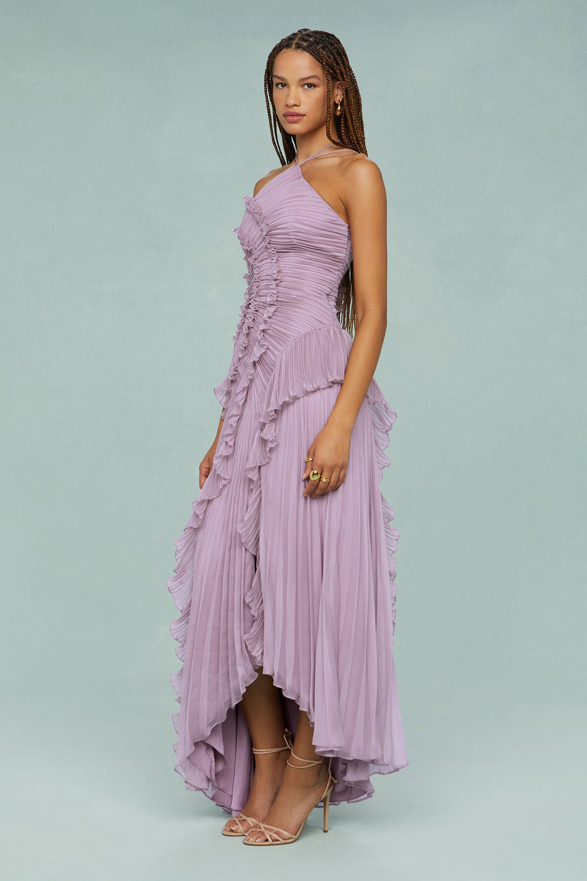 Lavender chiffon halter maxi dress with pleated ruffle layers and asymmetric high-low hem