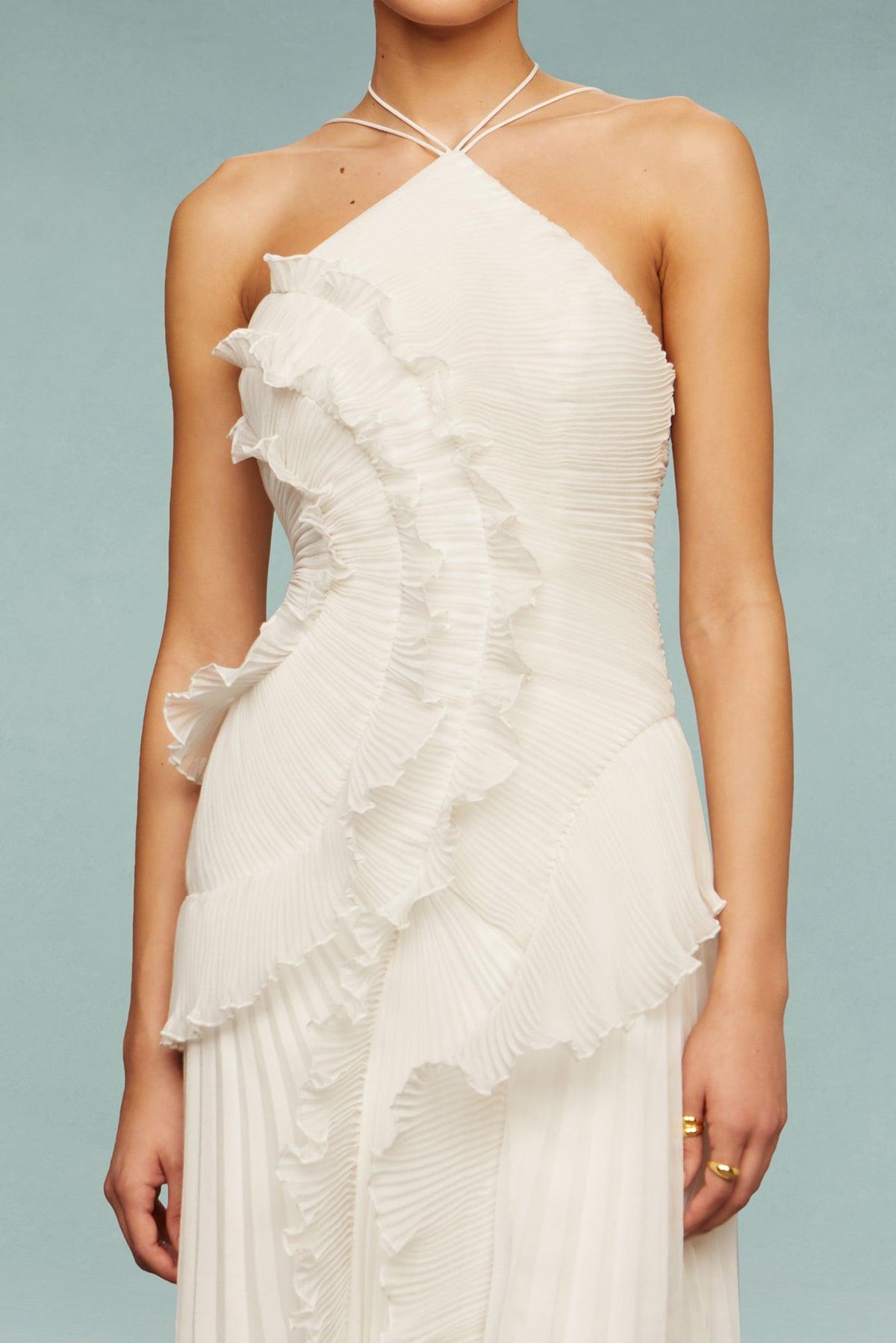 White chiffon halter dress bodice with pleated ruched detail and layered ruffles
