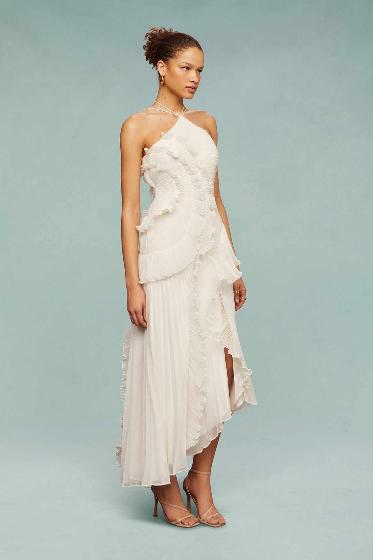 White chiffon halter maxi dress with pleated bodice and draped ruffle layers