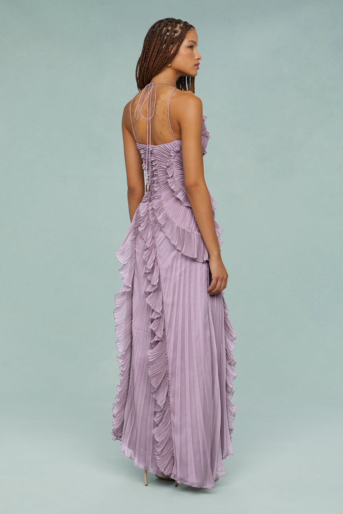 Lavender halter chiffon maxi dress back view with vertical ruffle pleat detailing