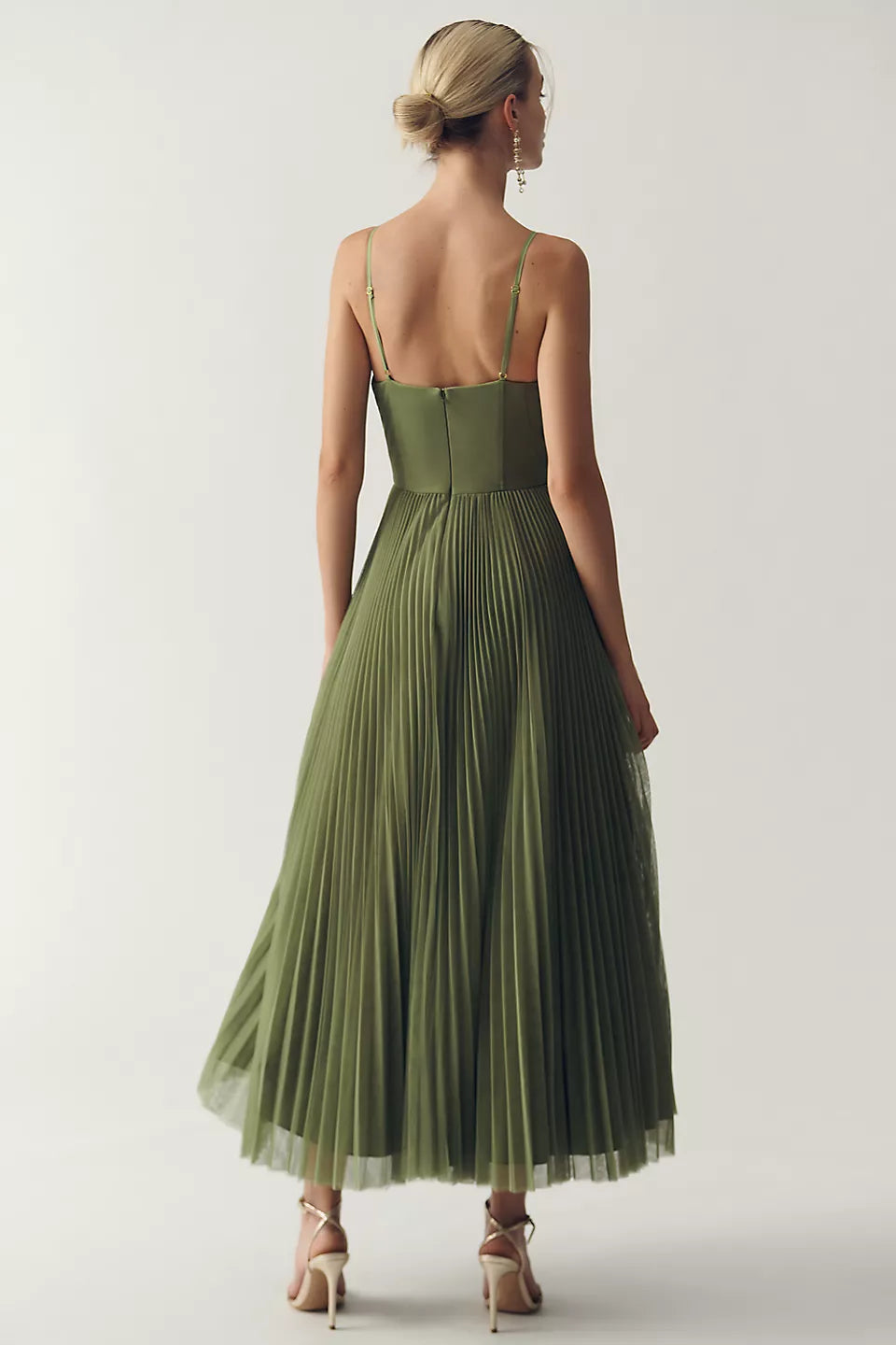 Olive-green chiffon midi dress, back view with spaghetti straps and pleated skirt