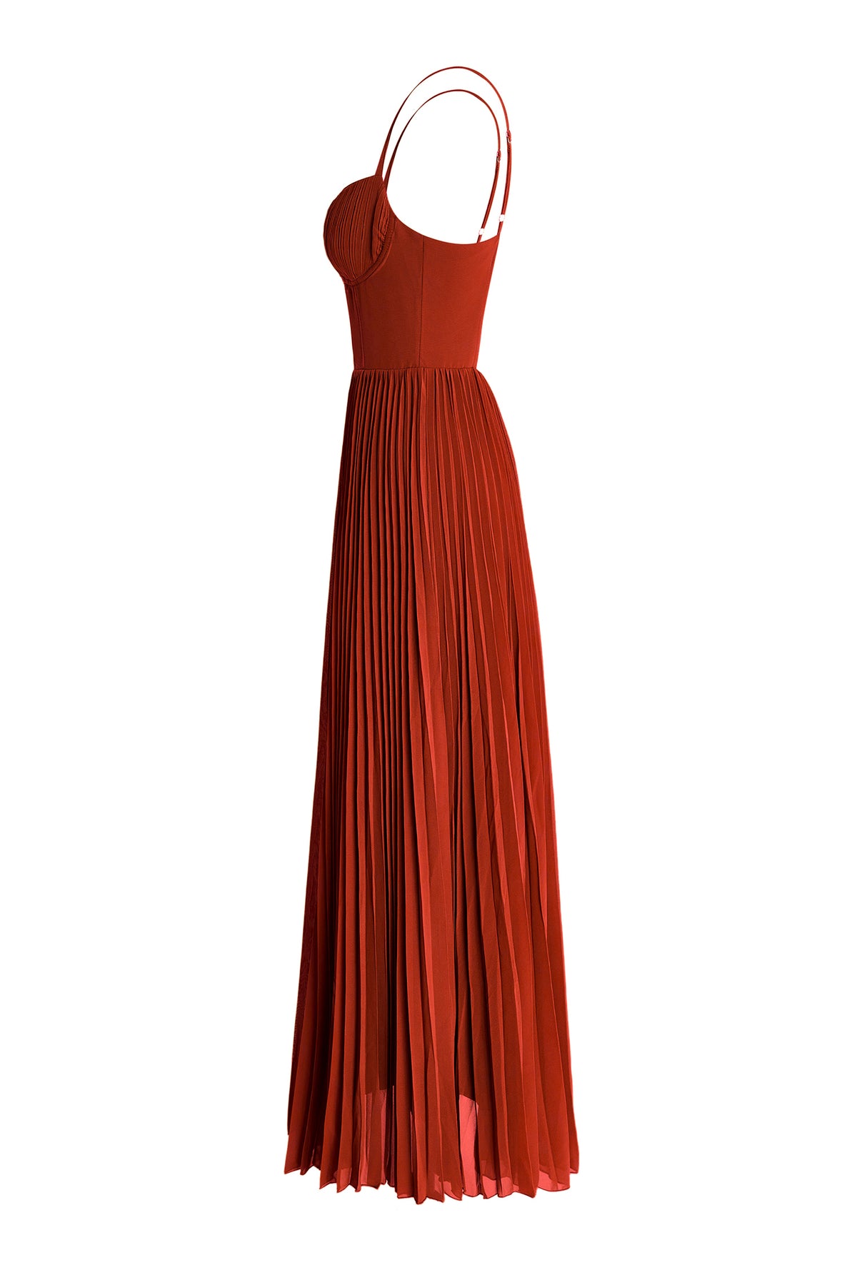 Rust-red midi chiffon dress with corset bodice and pleated skirt, spaghetti straps