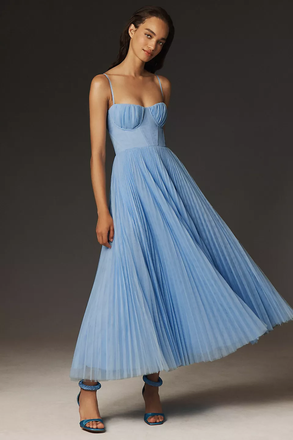 Light-blue chiffon midi dress with corset bodice, spaghetti straps, pleated skirt