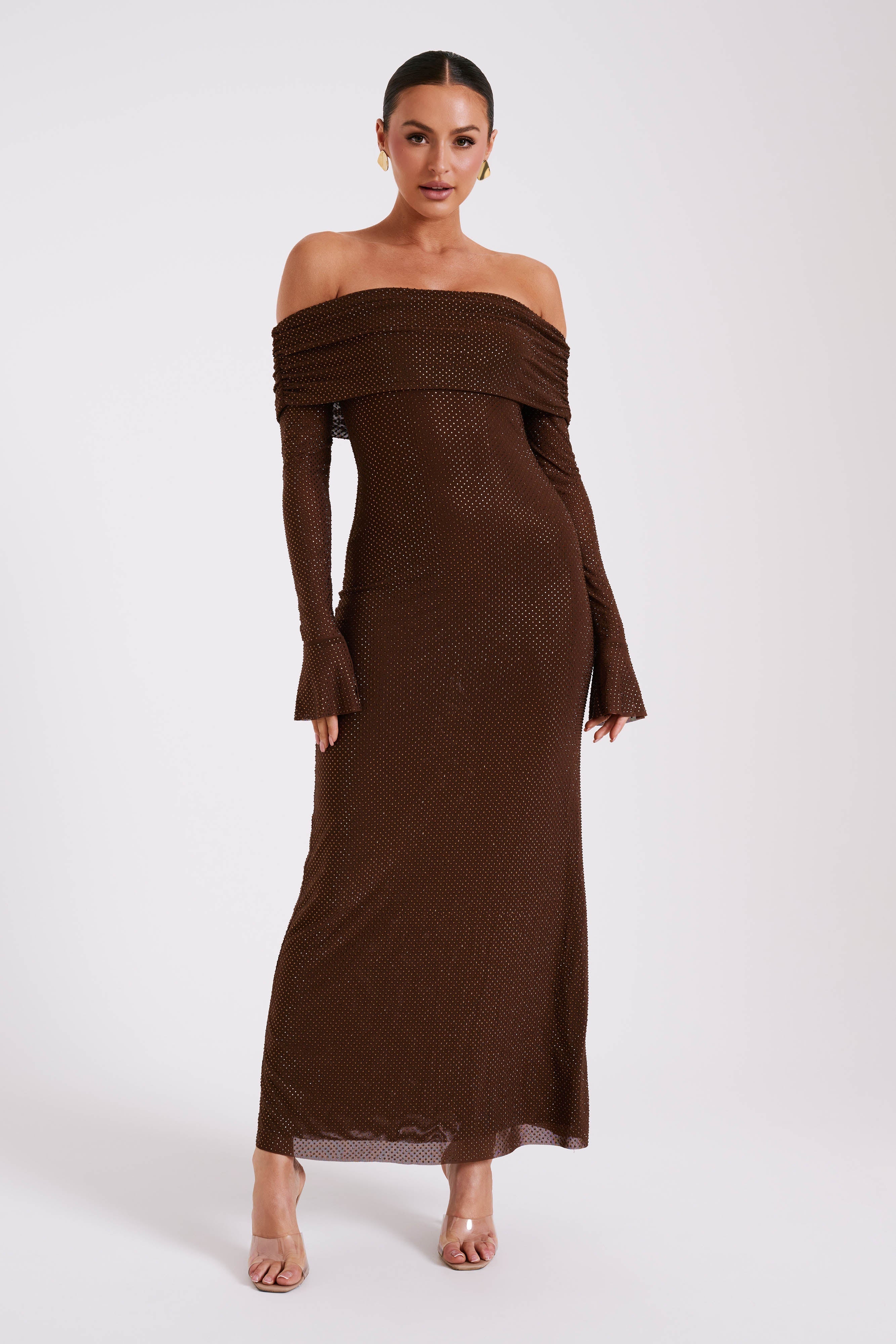 Brown sequin off-shoulder long-sleeve maxi dress, flared bell cuffs, fitted silhouette