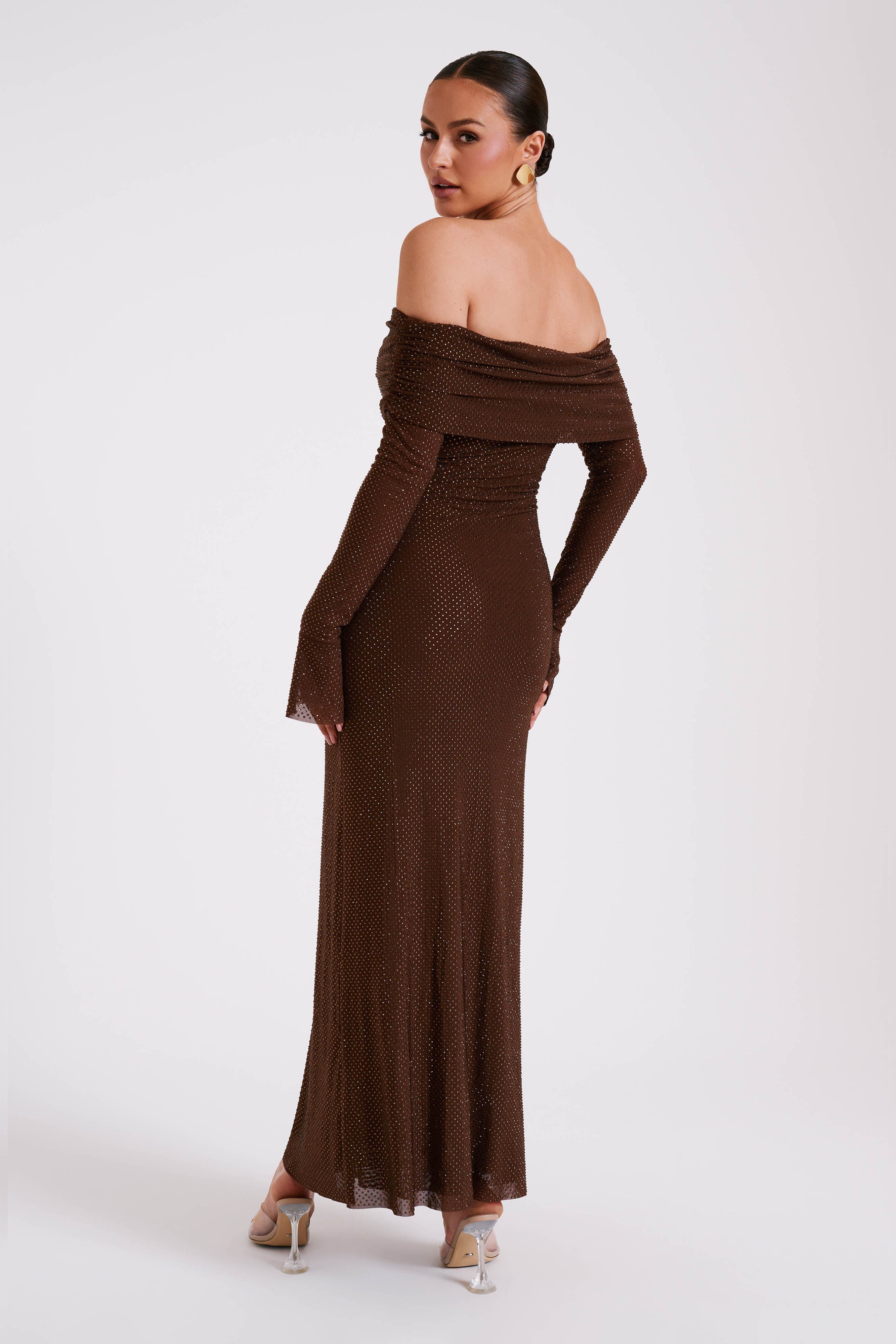 Brown sequin off-shoulder maxi dress, draped neckline and long bell-cuff sleeves