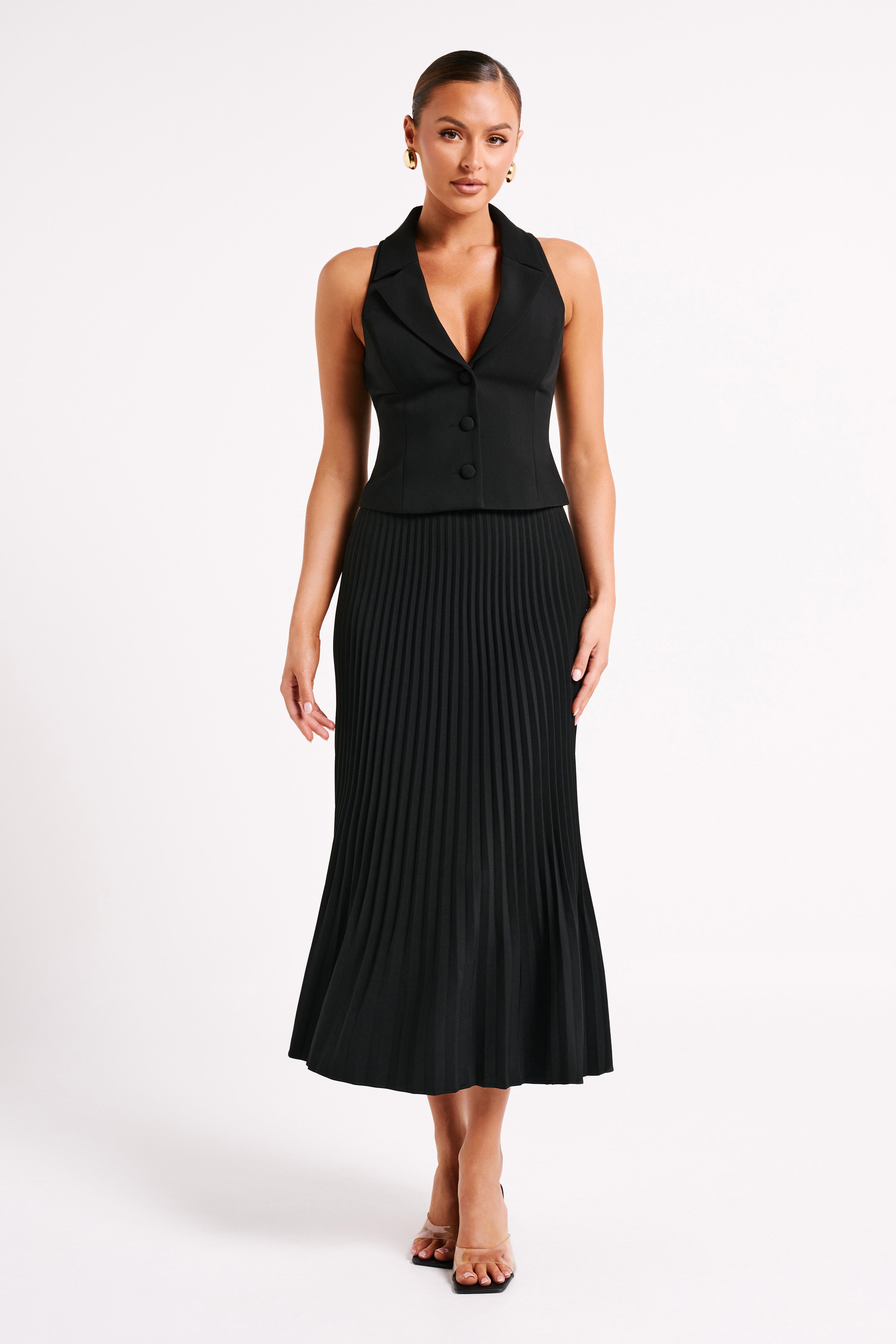 Black halter sleeveless blazer waistcoat with notch lapel and button front