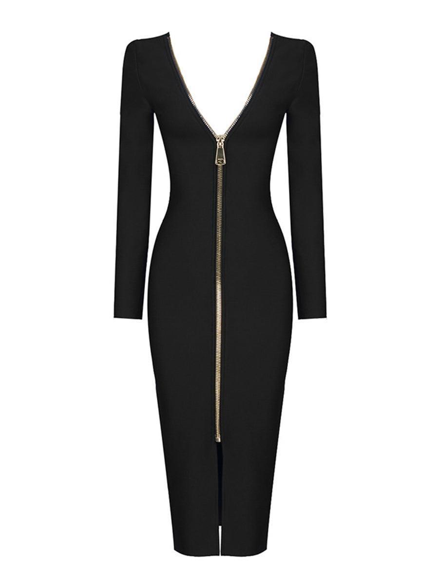 Black long-sleeve bandage midi dress, deep V neckline with gold zipper detail