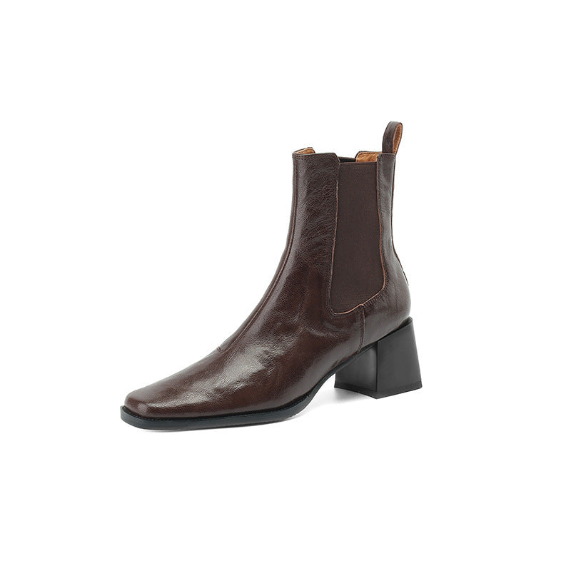 Brown Chelsea ankle boots, square toe, thick block heel, elastic side panels