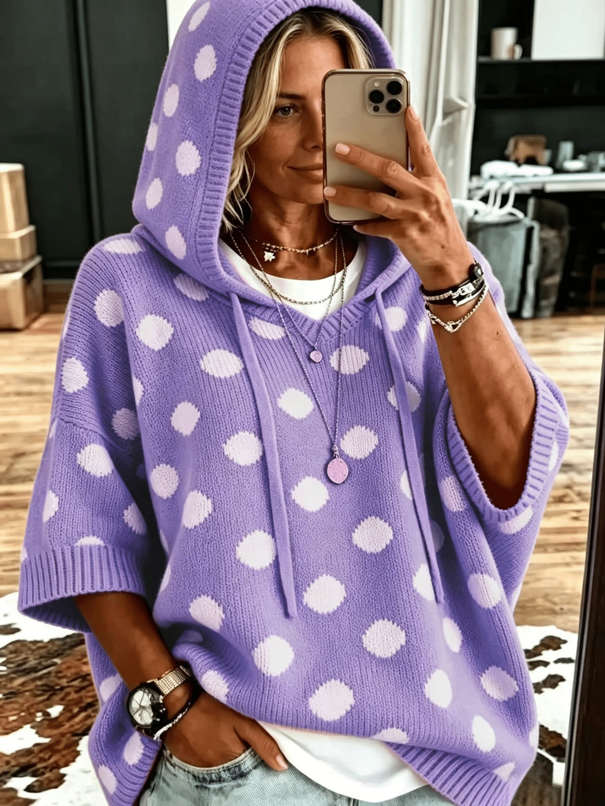 Women’s hooded wool sweater top in light purple with white polka dots, loose knit