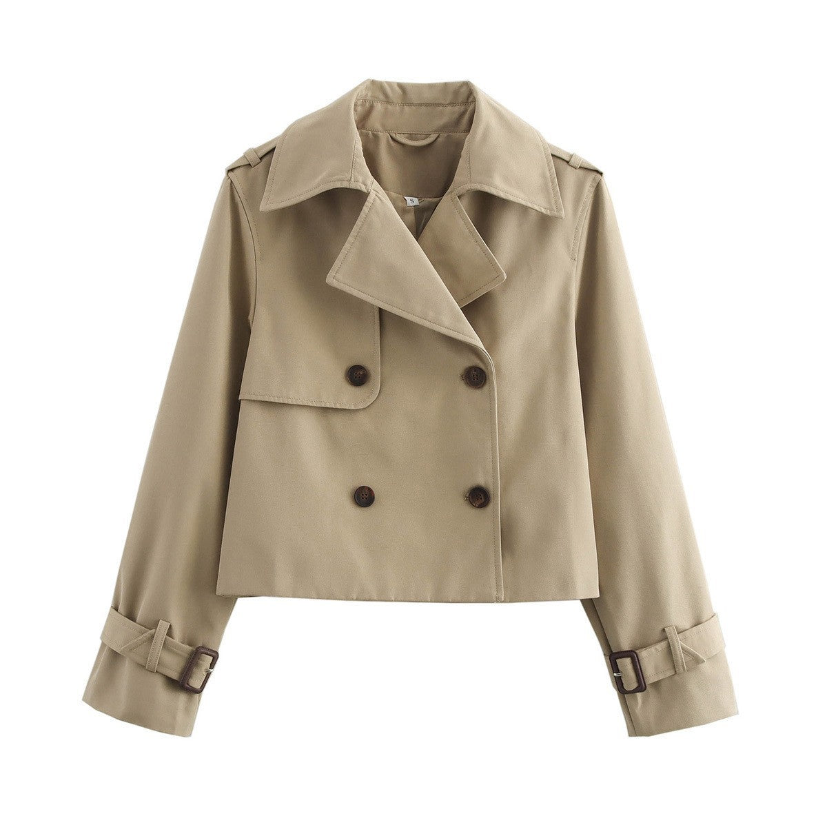 Beige cropped trench jacket with epaulette, double-breasted front, buckle cuffs