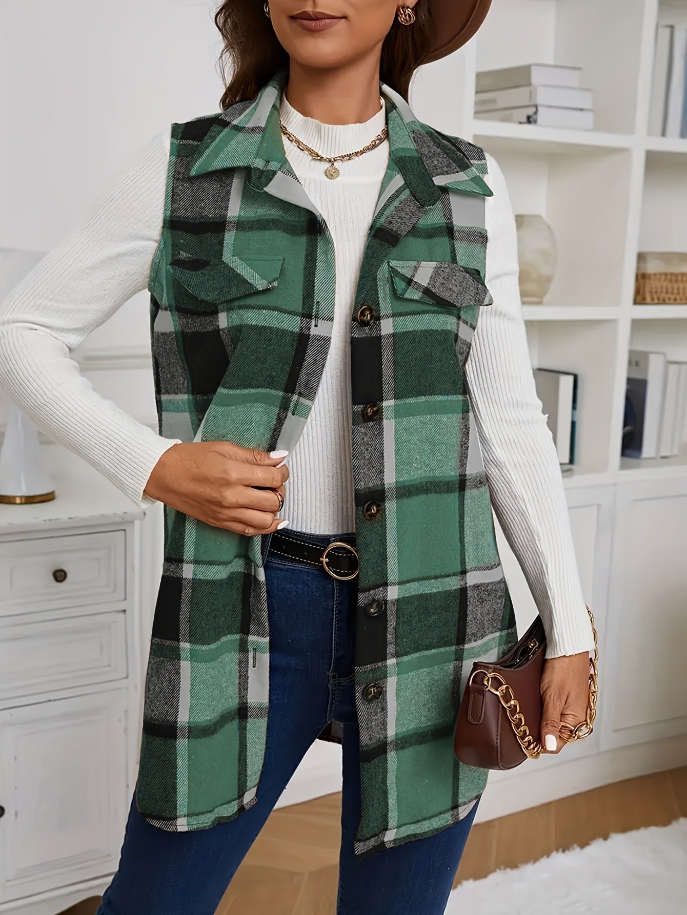 Plaid Vest for Women — Sleeveless Longline Button Front Shacket in Wool Blend