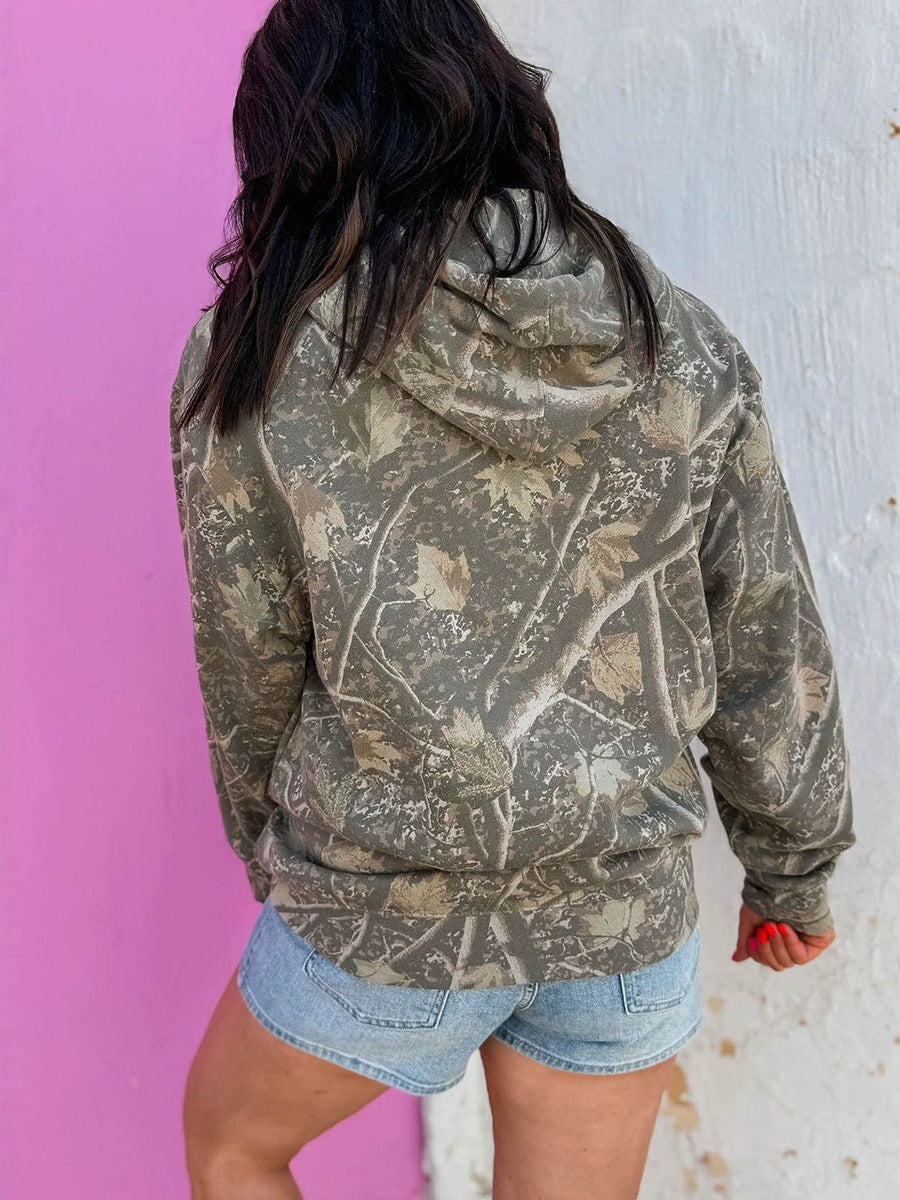 Gray camouflage hooded sweatshirt with drawstring, back view, long sleeves