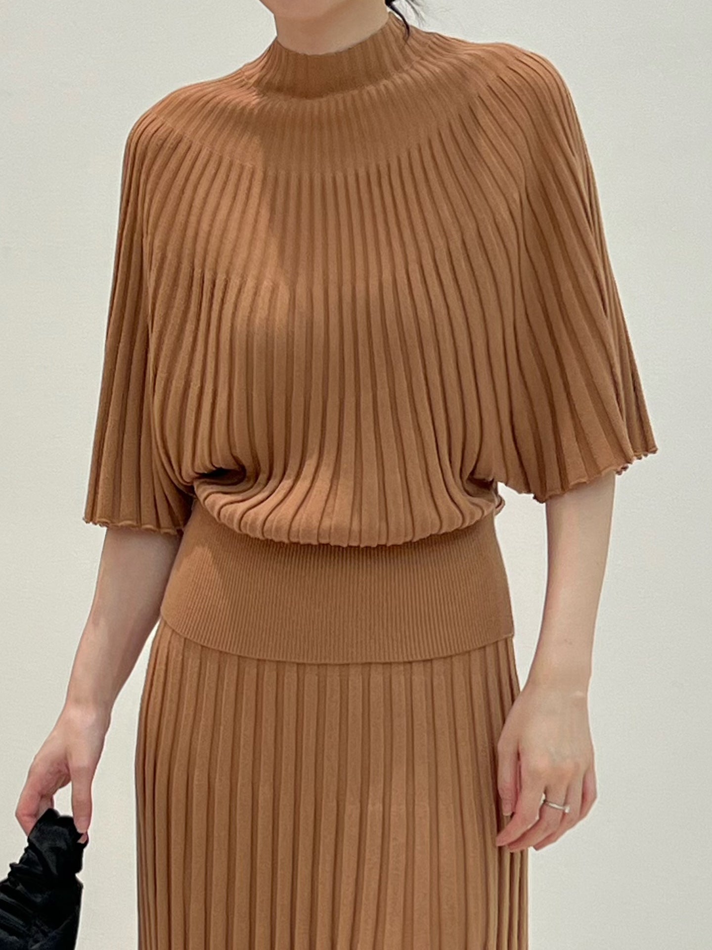Short Sleeve Sweater for Women — Mock Neck Ribbed Knit with Batwing Sleeves in Soft Wool Blend