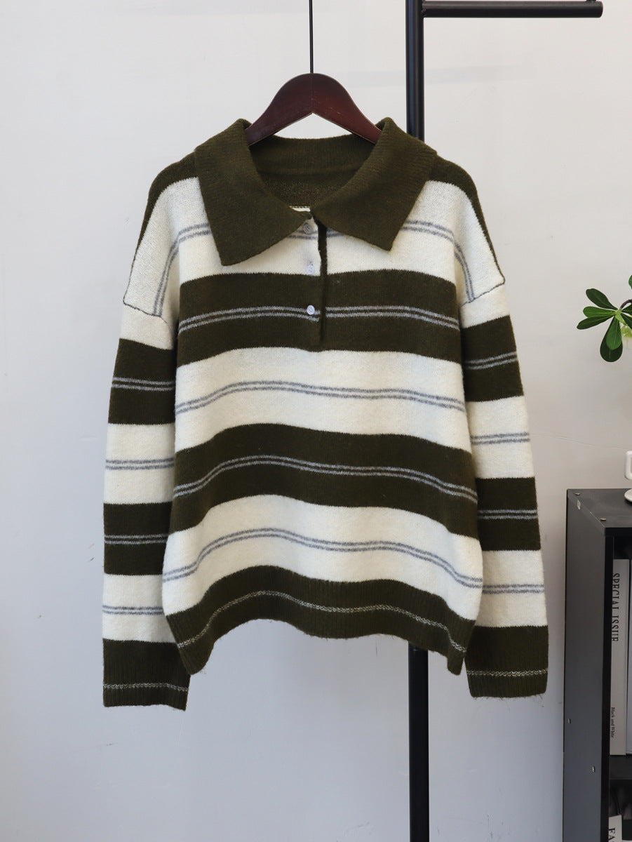 Women’s collared striped knit pullover with olive and cream horizontal stripes, button front.