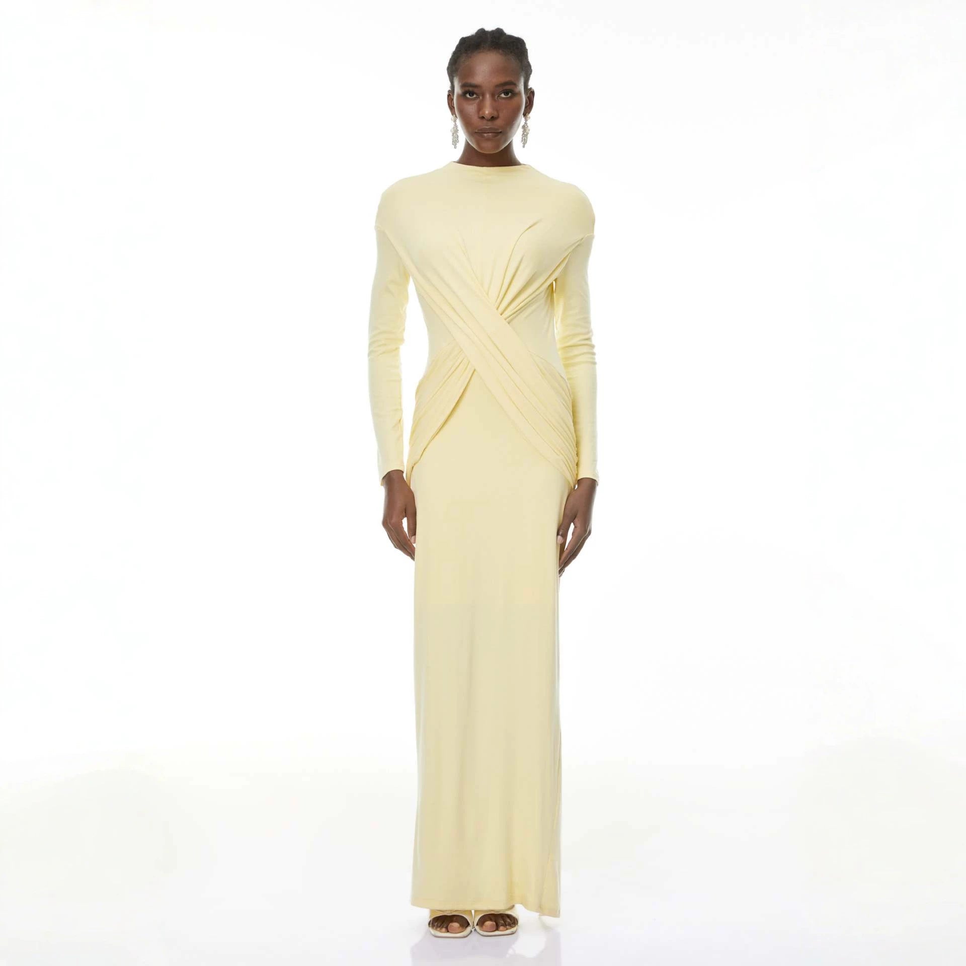 Long Sleeve Maxi Dress — Crossover Draped Waist with High Neck and Back Slit in Jersey