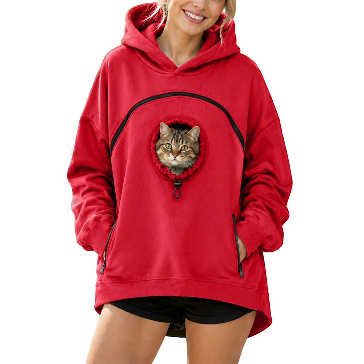 Red hooded sweatshirt with cat graphic, kangaroo pocket, and drawstring hood