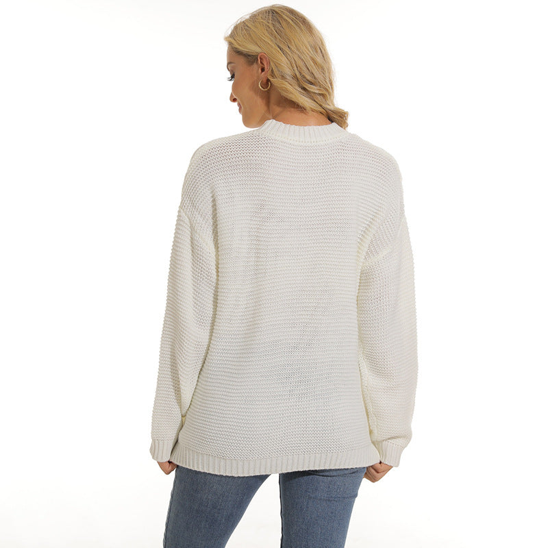 Women’s white knit pullover sweater, crew neck and long sleeves; view from the back