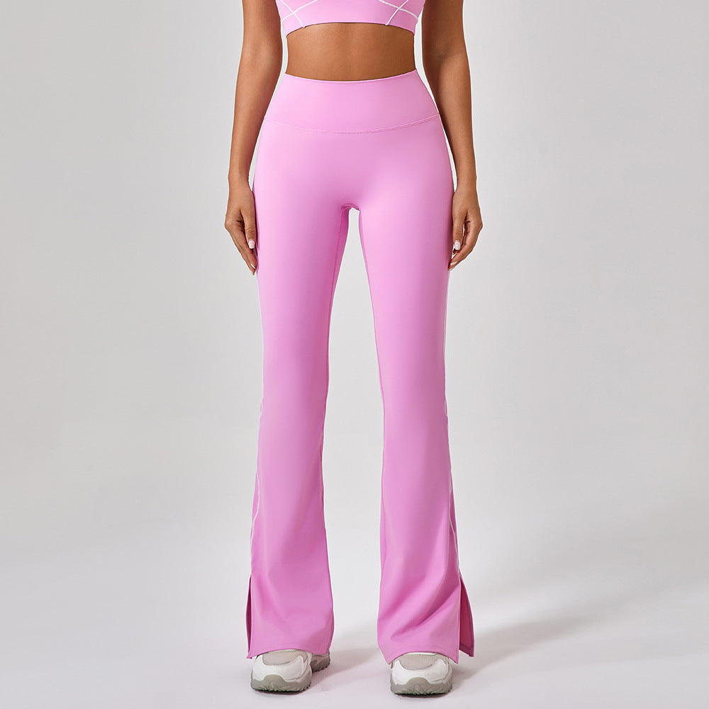 High-waist yoga bell pants, bright pink with side slit and piping lines