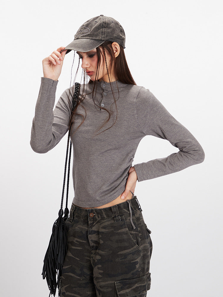 Women’s gray knit sweater with stand collar, button placket, long sleeves