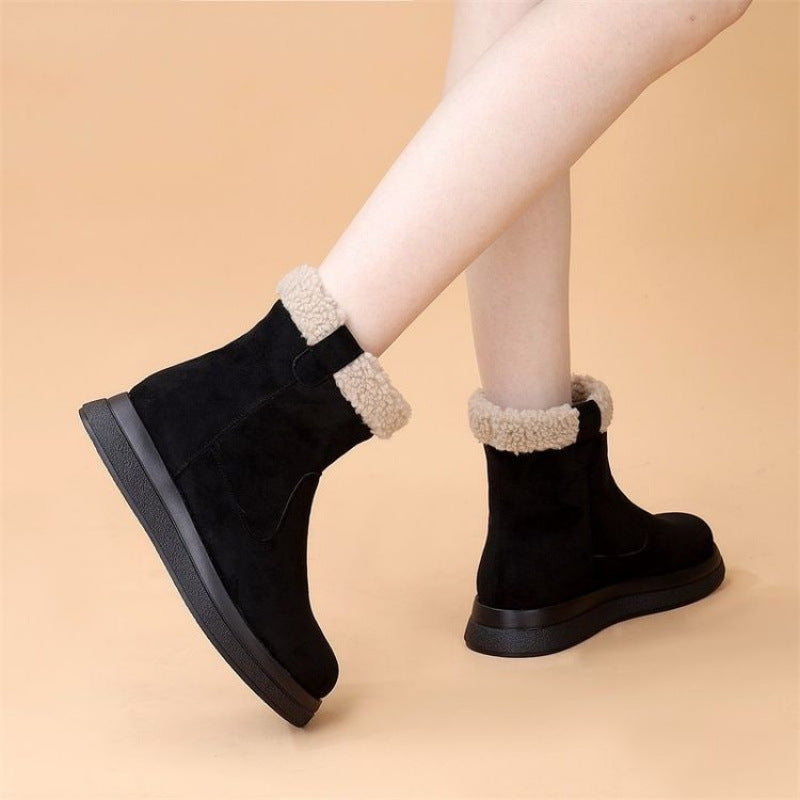 Black suede ankle boots with beige fleece cuffs and thick rubber-like sole
