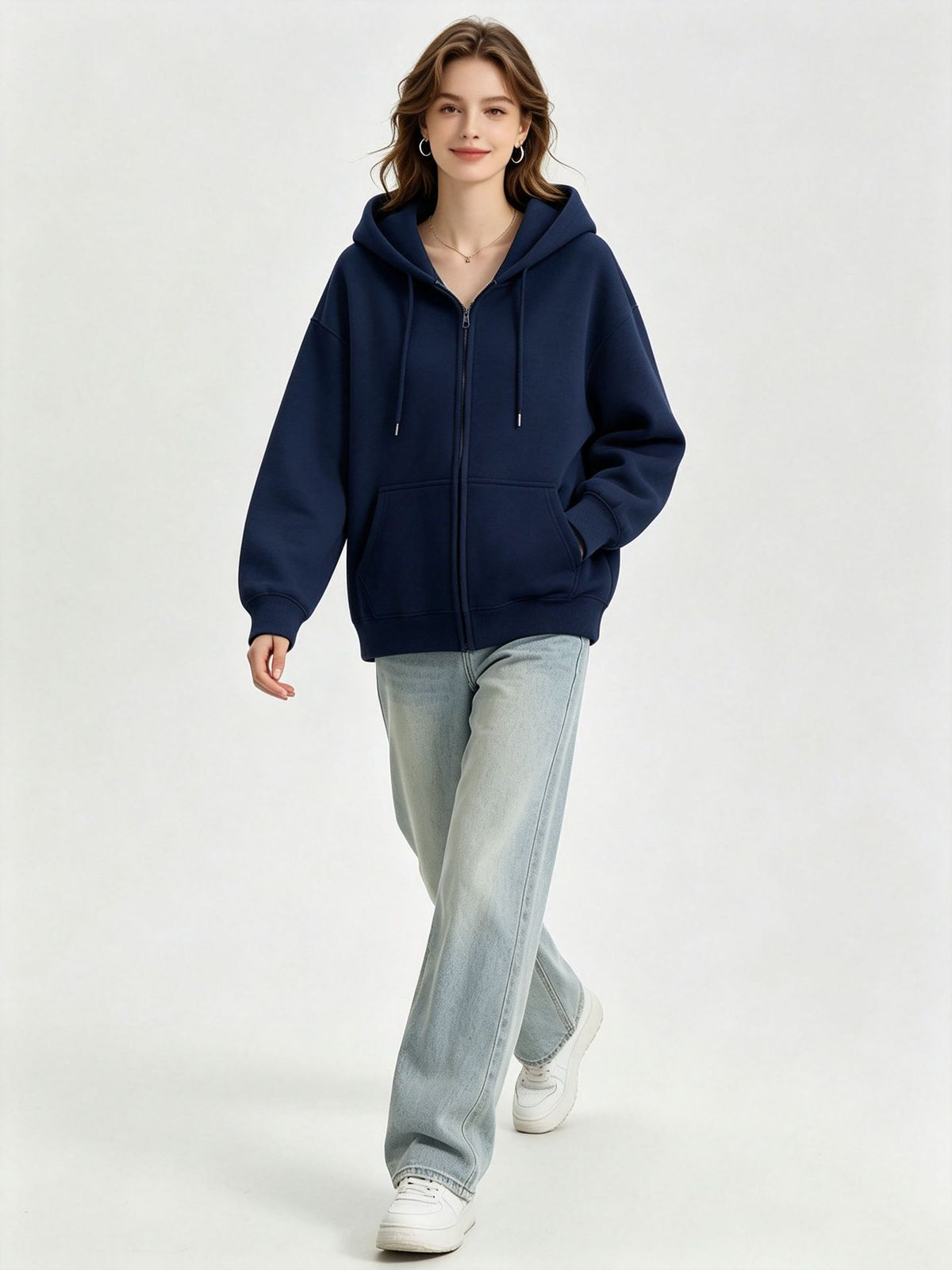 Navy blue zip-up hooded sweatshirt with front pockets, full sleeves