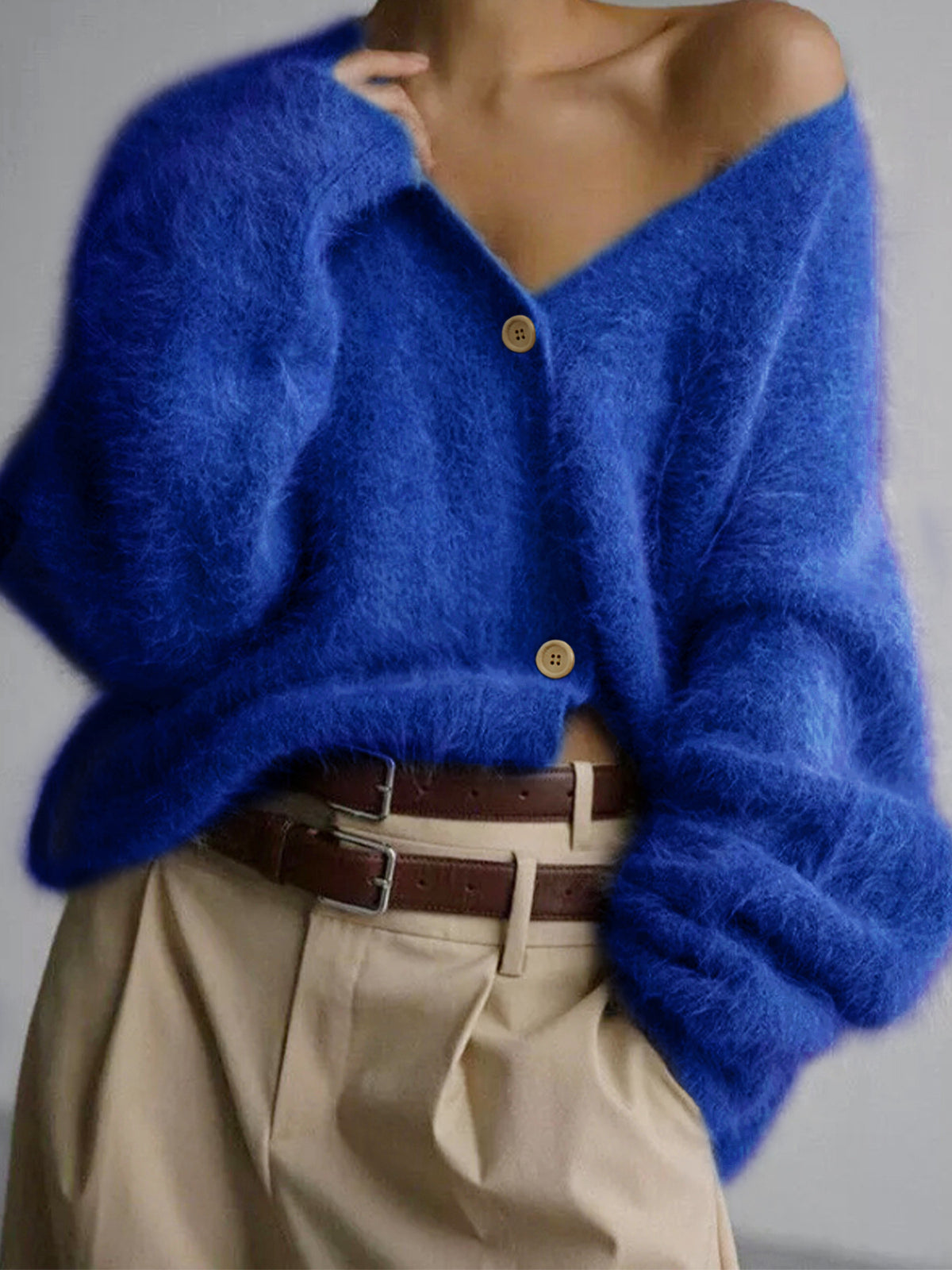 Blue fuzzy knit cardigan, V-neck button-front, long sleeves