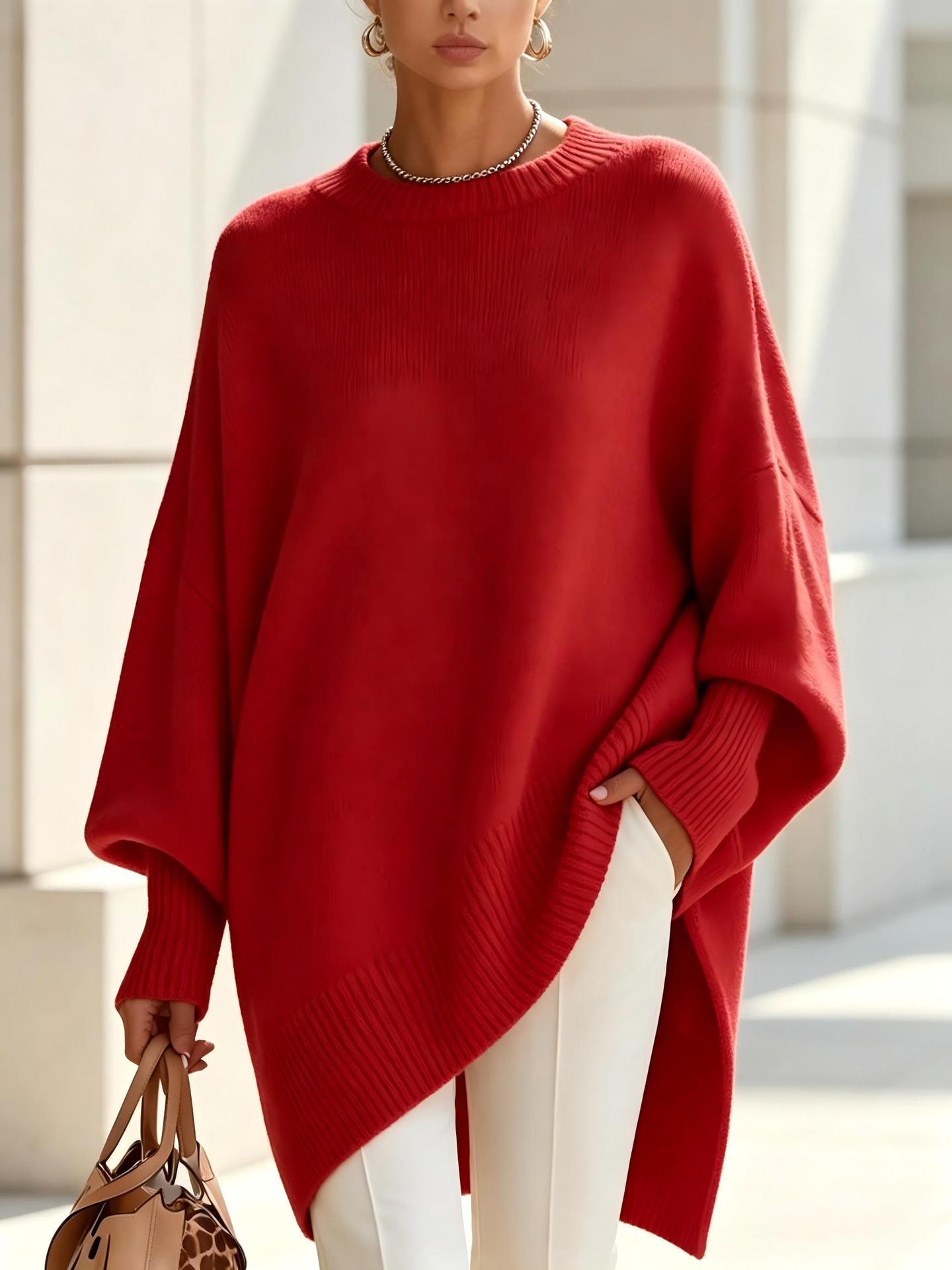Oversized Sweater for Women — Batwing Sleeve Knit Pullover with Asymmetric Hem in Merino Wool