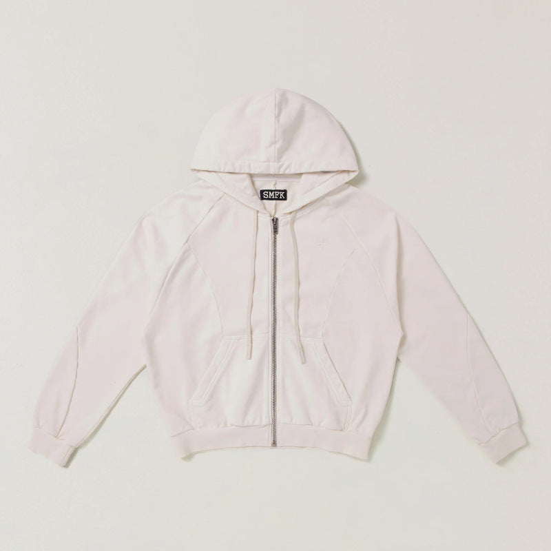 Light zip-up hooded jacket with front zipper, drawstring hood, and side pockets