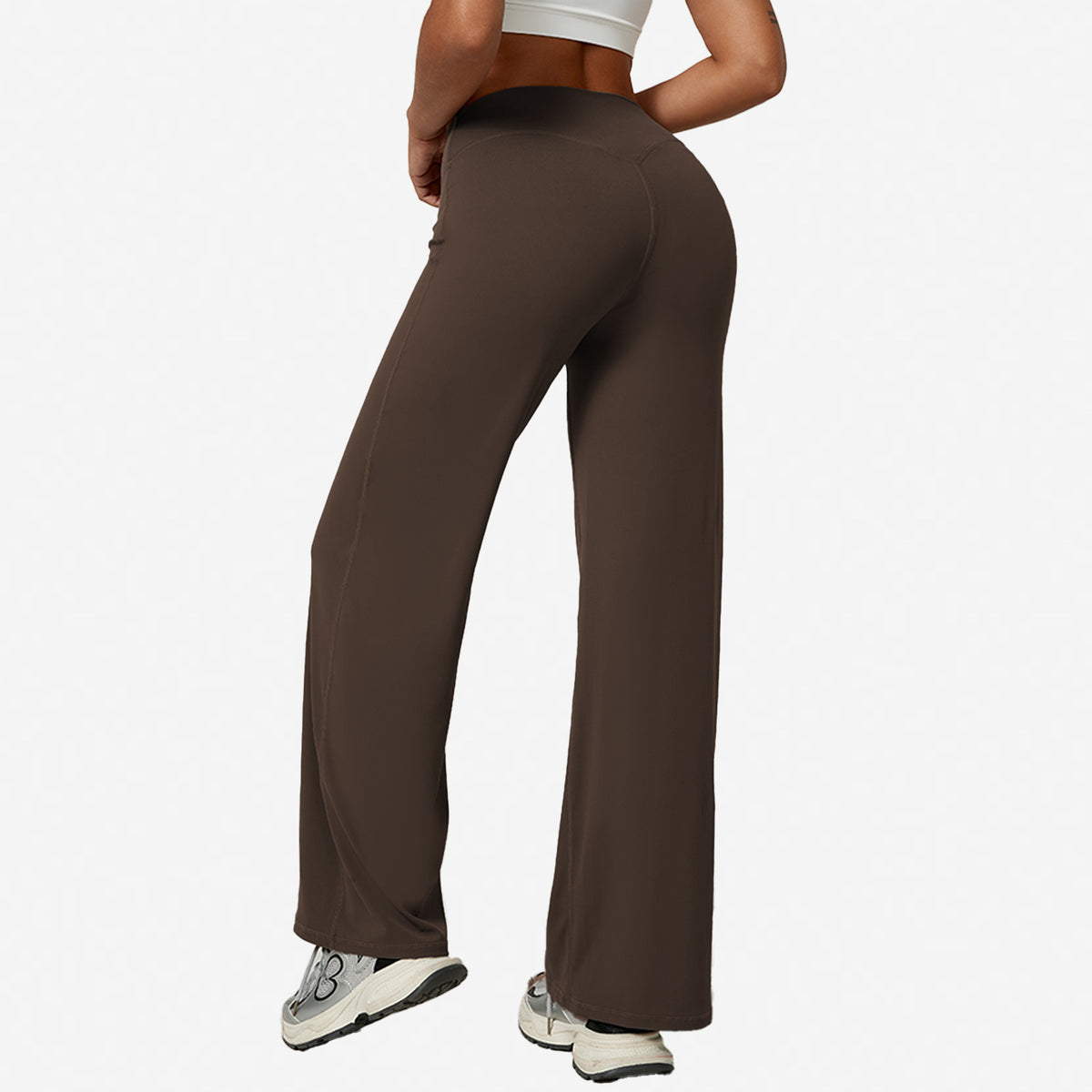 Brown high-waisted wide-leg yoga pants with a rear seam