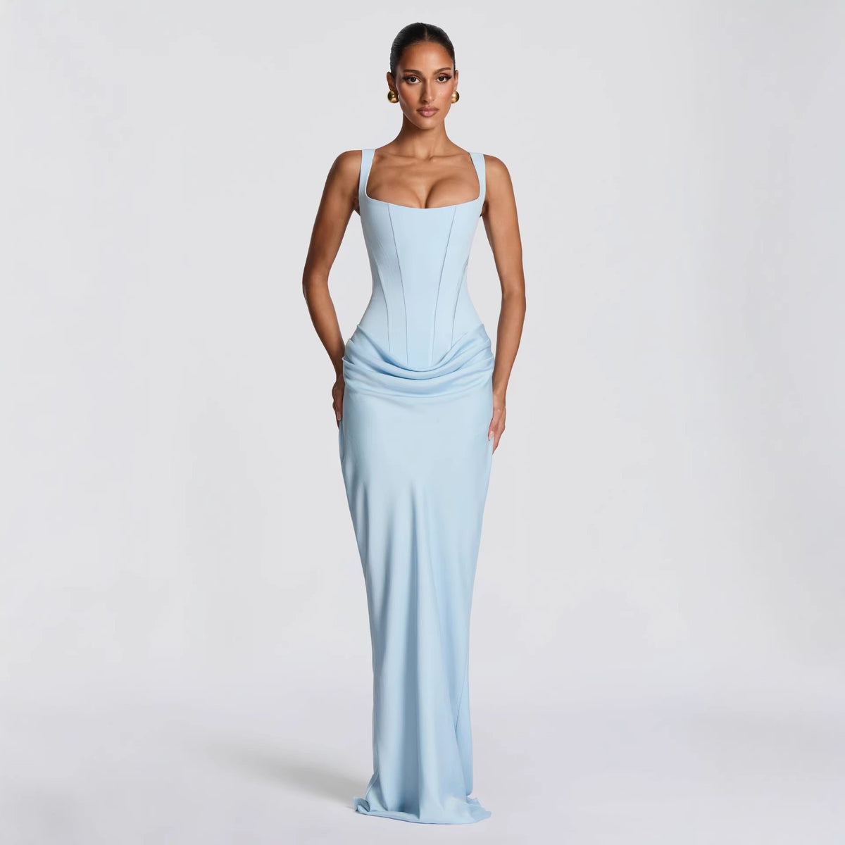 Light blue spaghetti-strap ruched bodycon maxi dress with draped waist